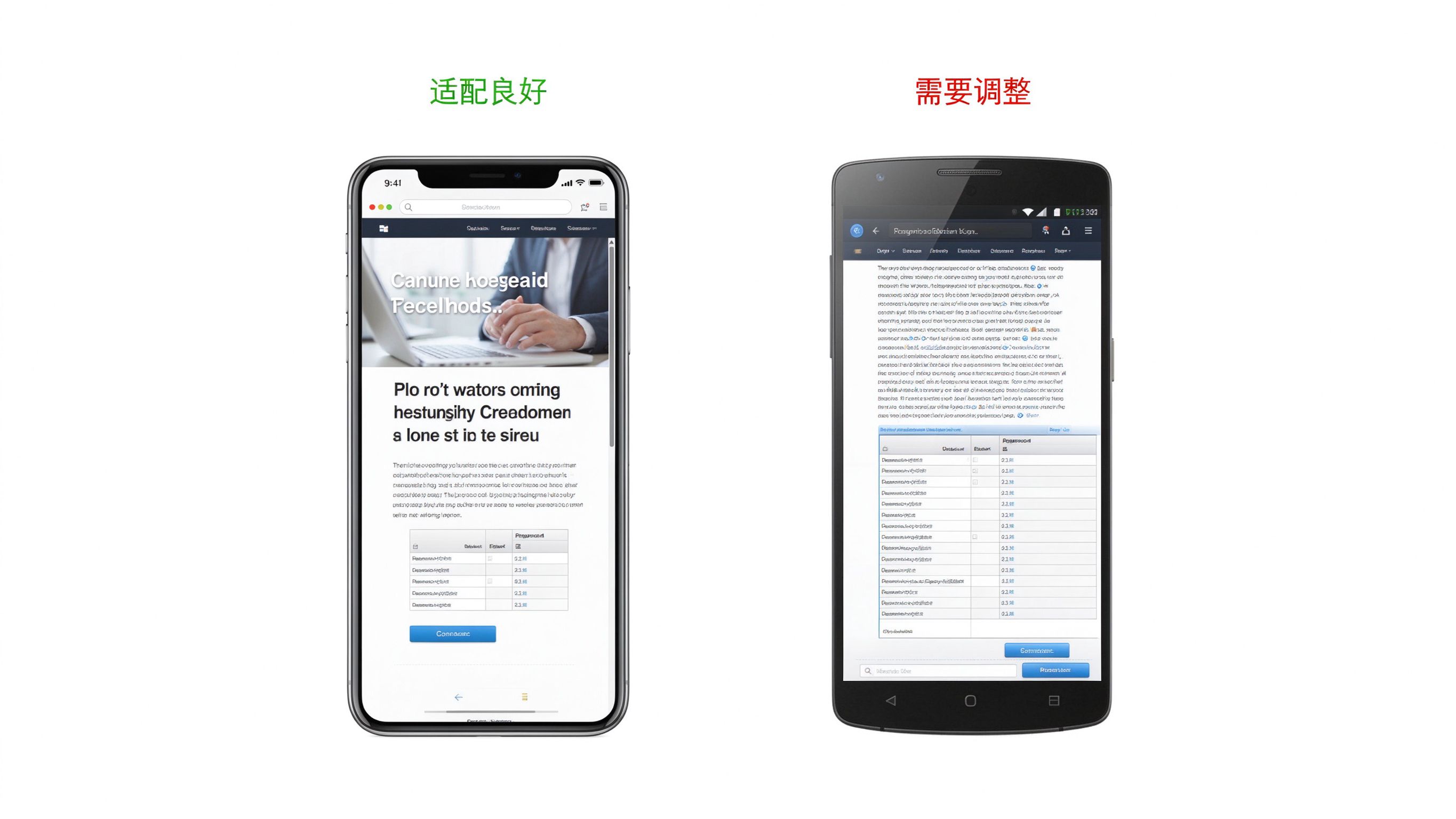 移动端网页预览模拟器，左边iPhone框展示响应良好的页面（文字流式、无横向滚动），右边Android框展示有问题的页面（表格溢出、按钮太小）