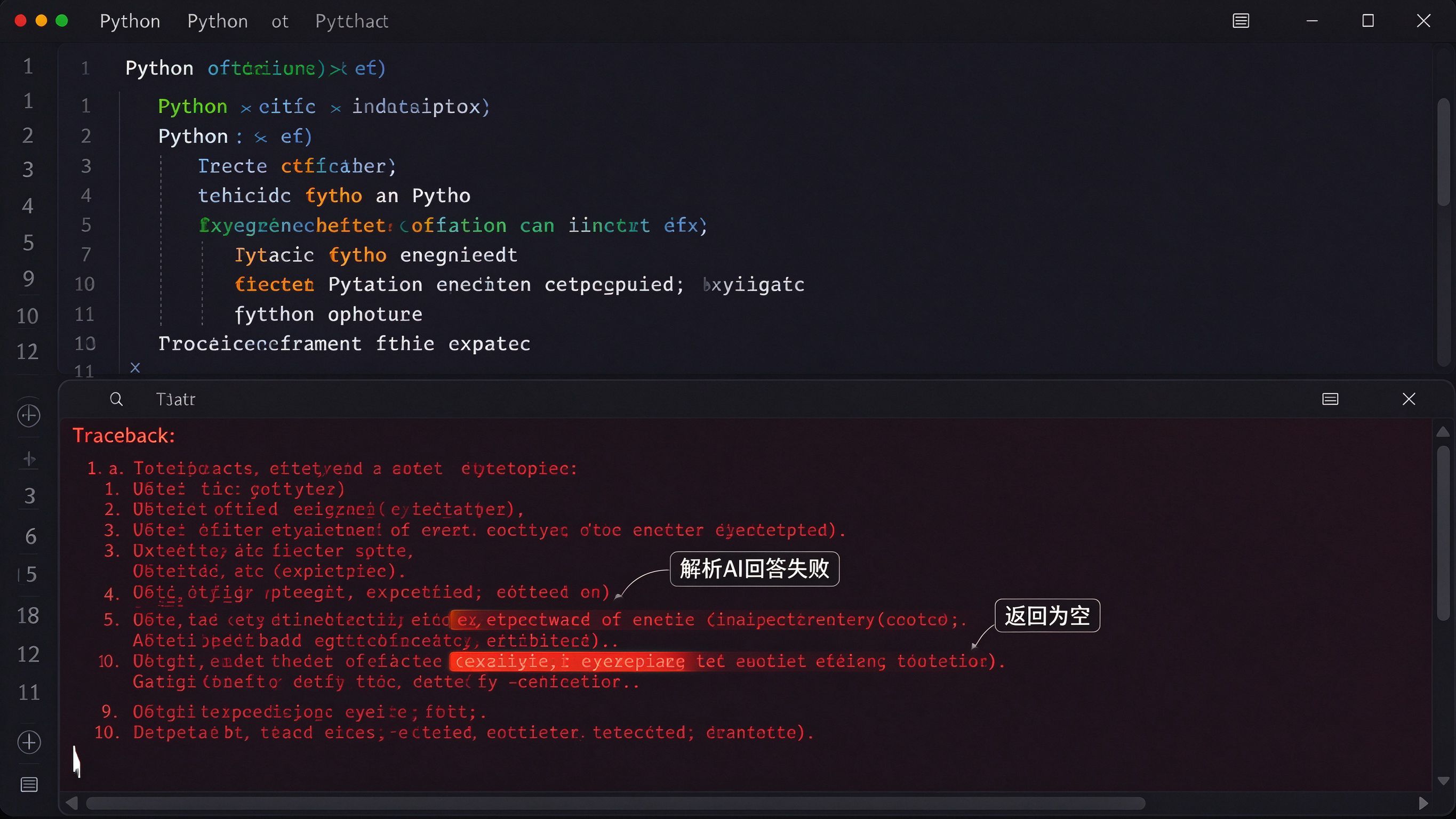 代码编辑器界面：Python监测脚本运行终端，红色报错堆栈traceback，光标停在解析回答那一行