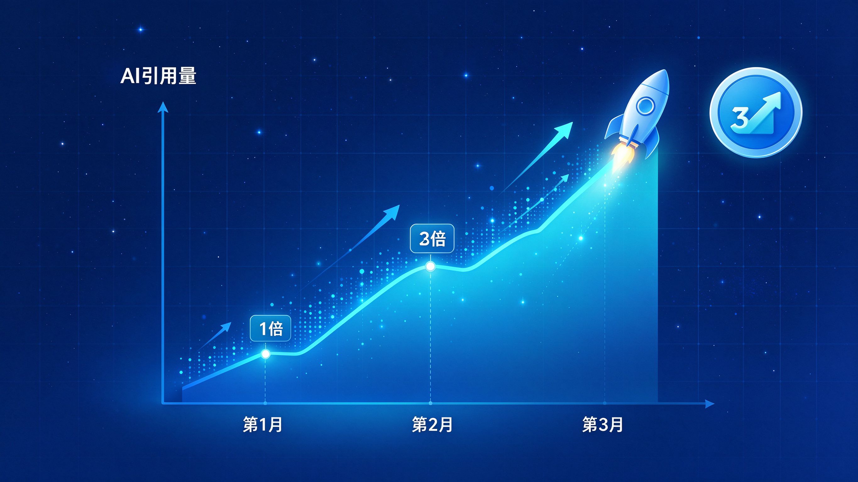 GEO增长曲线图，3个月内AI引用量从1倍增长到3倍，火箭式上升