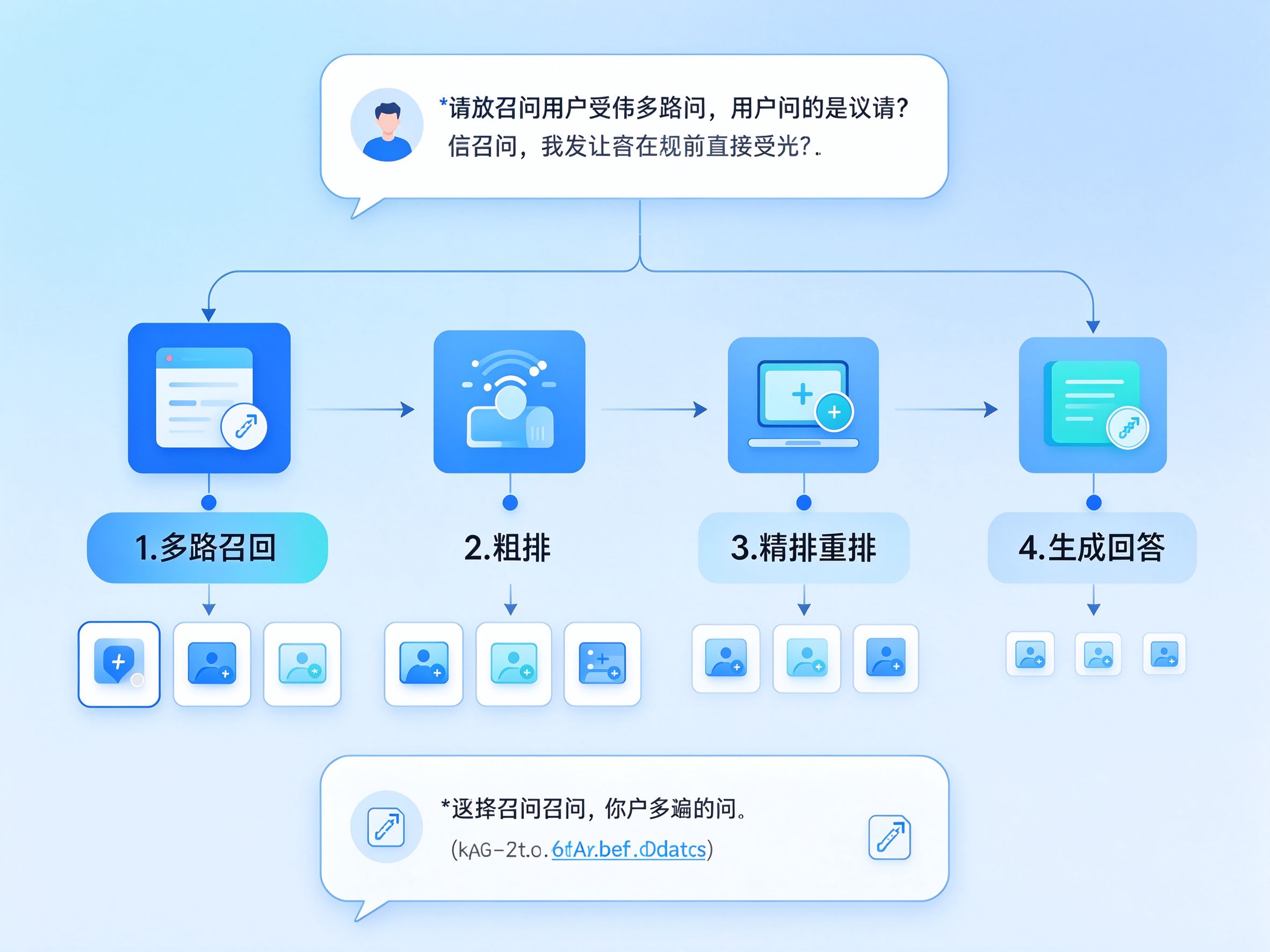GEO优化技术原理架构图：从用户提问到最终回答的完整RAG流程，标注召回、重排、生成、引用四个阶段