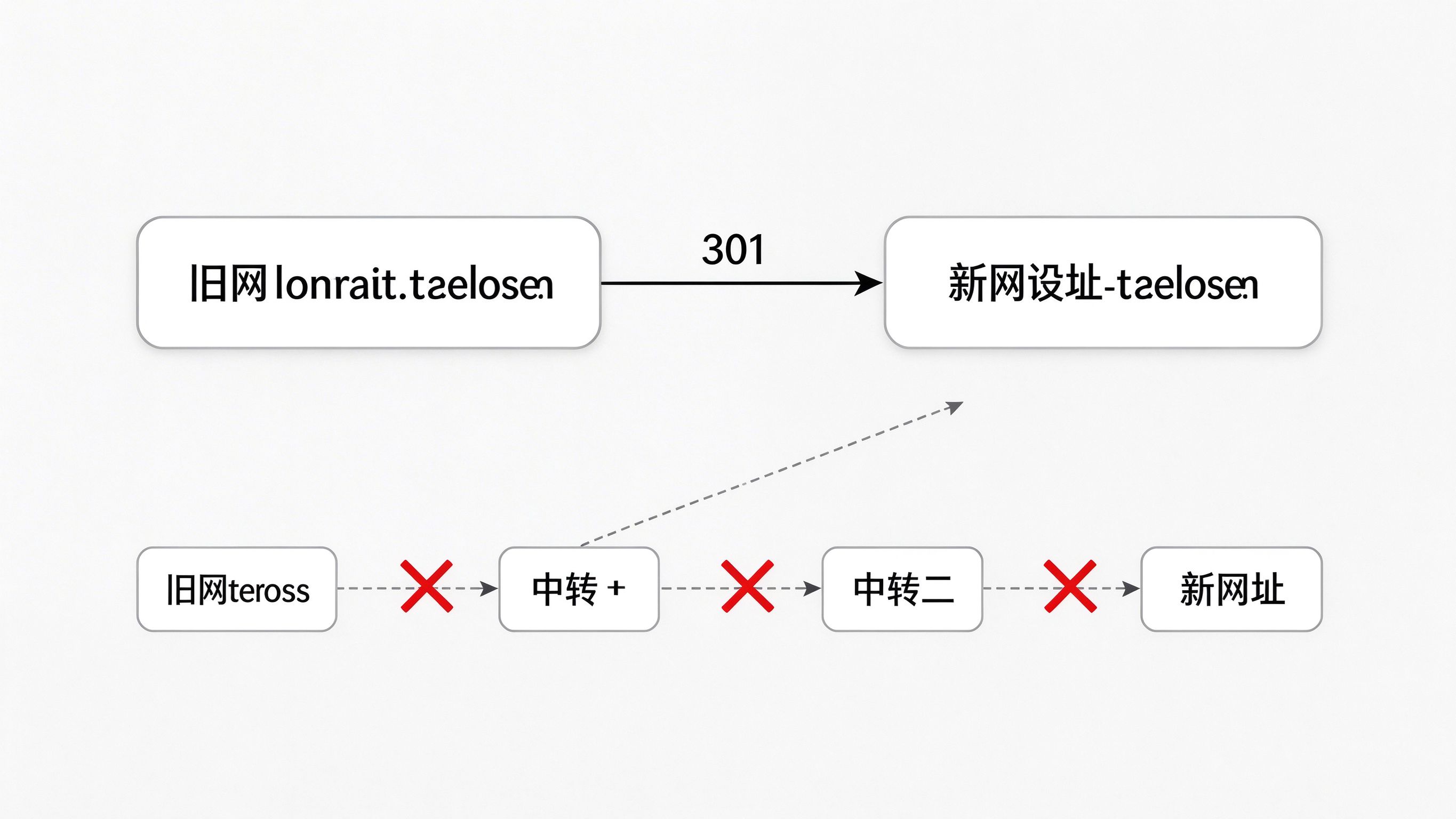 重定向流程图：左侧旧URL节点通过标有301的箭头直接指向右侧新URL节点，中间用虚线标出错误的A跳B跳C多跳链条作为反例