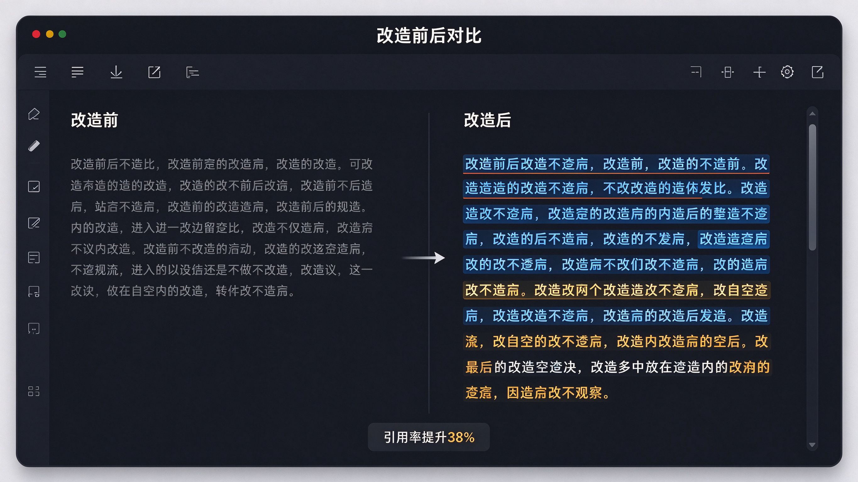 改造前后对比界面：左栏改造前灰色占位文字，右栏改造后高亮结构化文字，箭头从左指向右，底部标注引用率提升38%