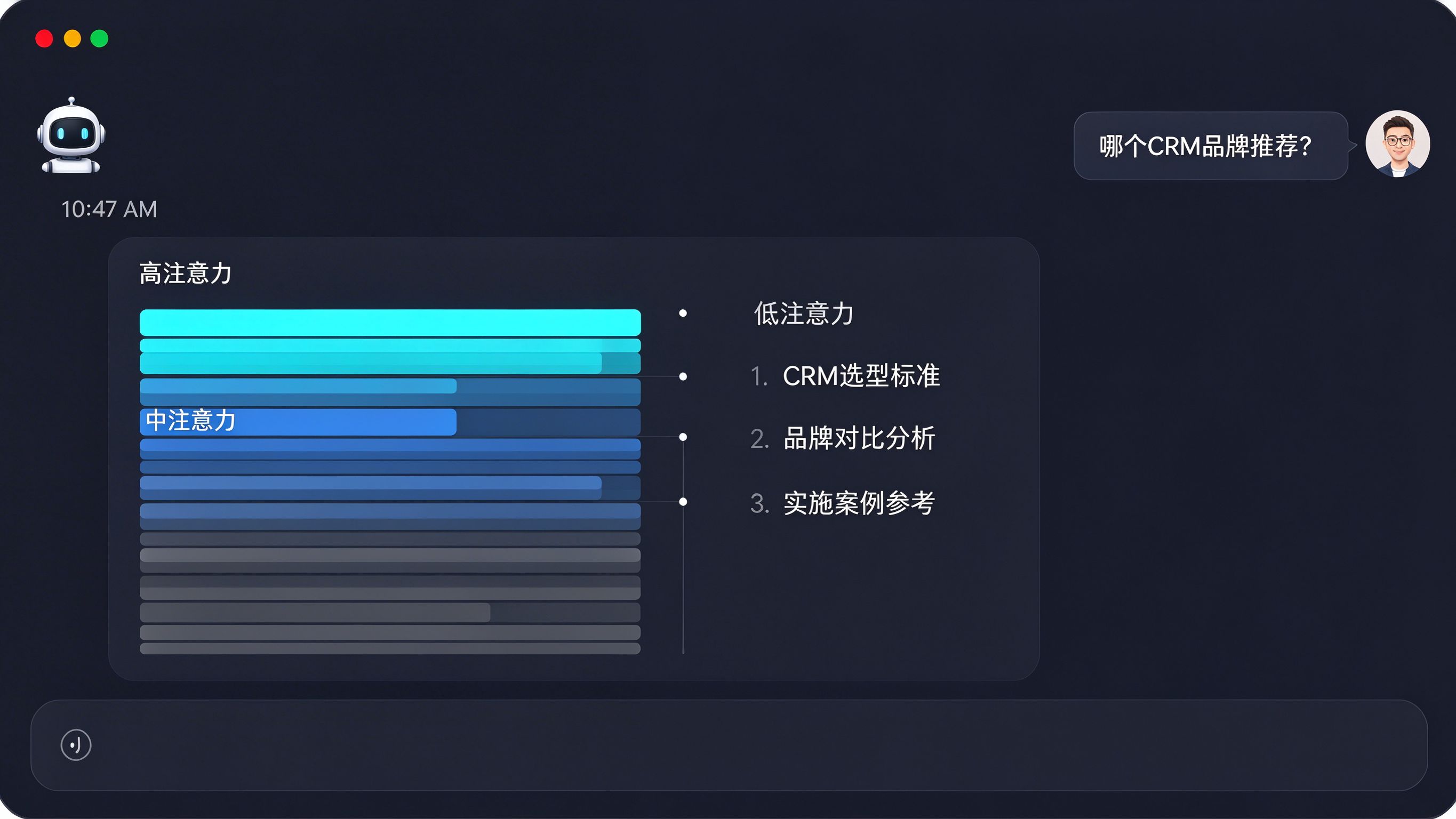 AI对话界面模拟：展示注意力权重热力图，用户提问后AI对不同信源段落的关注程度用颜色深浅标注
