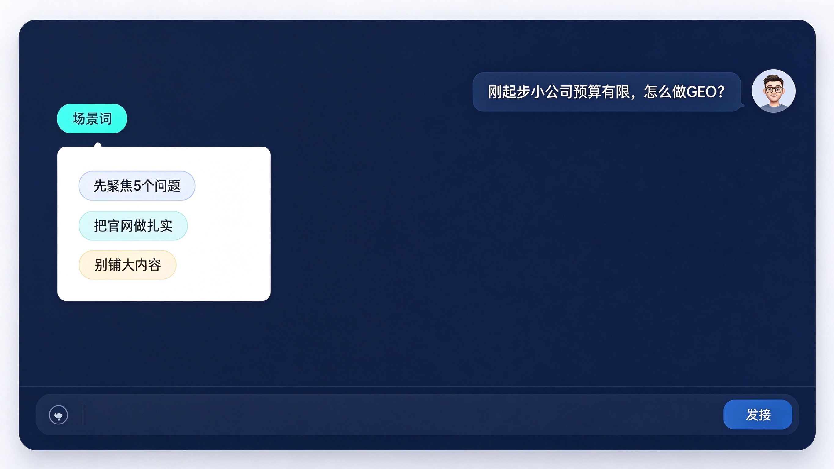 AI对话界面模拟：右侧用户气泡提问