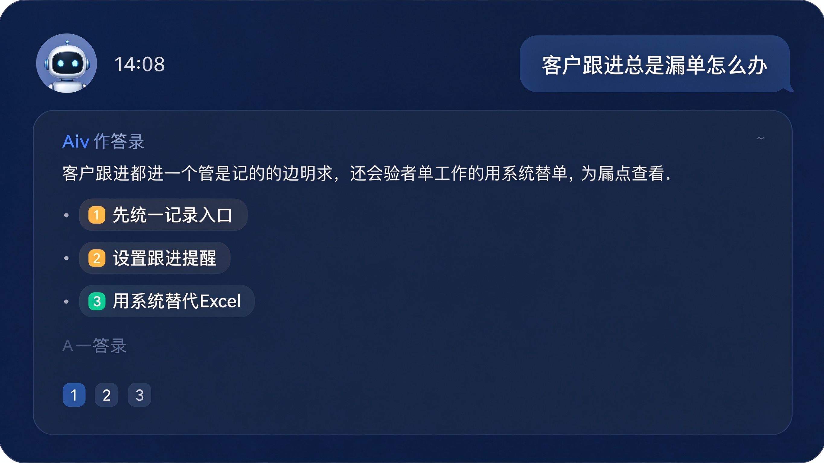 AI问答界面模拟：左侧用户提出一句带困惑的中文问题，右侧AI回答气泡以分点形式给出解答并在末尾列出引用来源编号，通用对话窗口