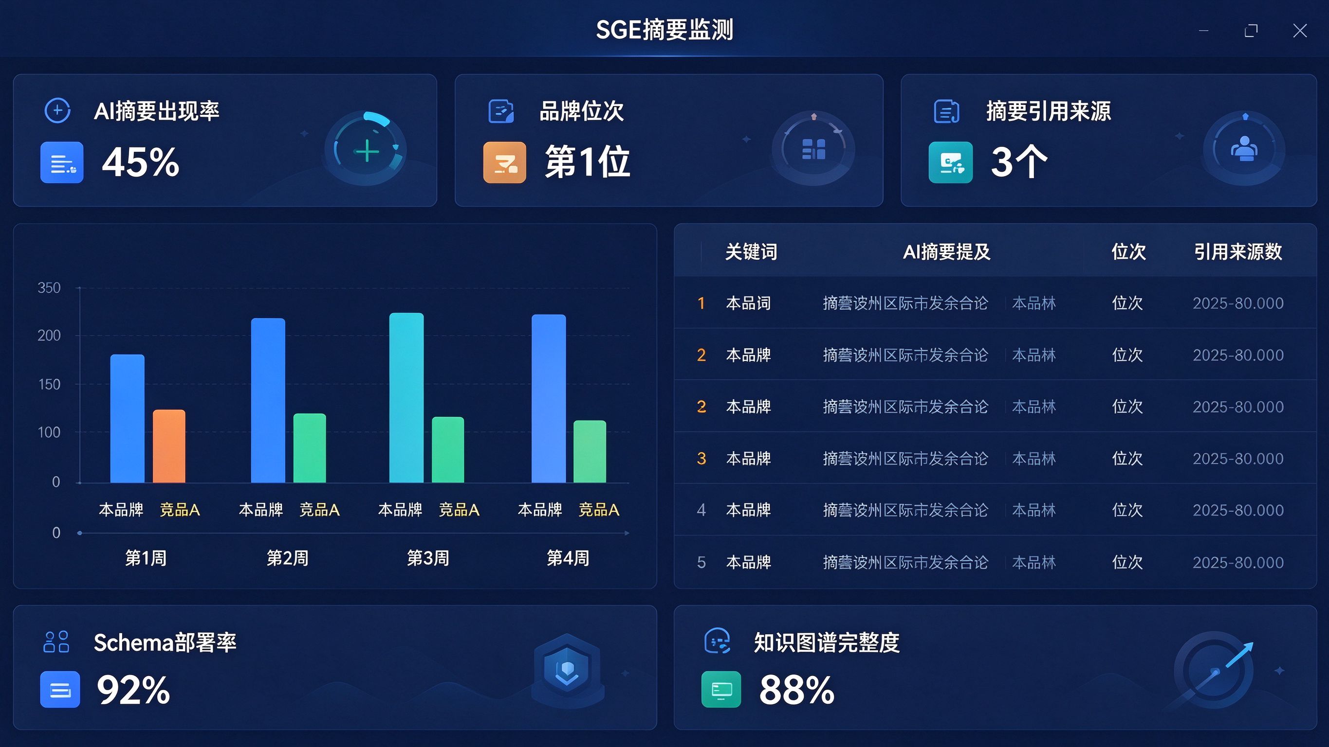SGE摘要监测后台：顶部三个KPI卡片（AI摘要出现率45%、品牌位次第1位、摘要引用来源3个），左侧四周趋势柱状图，右侧关键词监测表，底部Schema部署率和知识图谱完整度