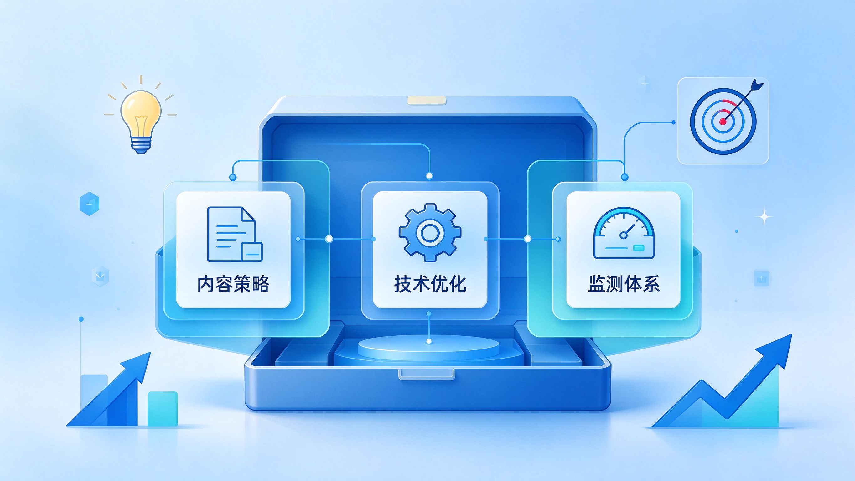 GEO优化方案设计示意图——内容策略、技术优化、监测体系三大模块