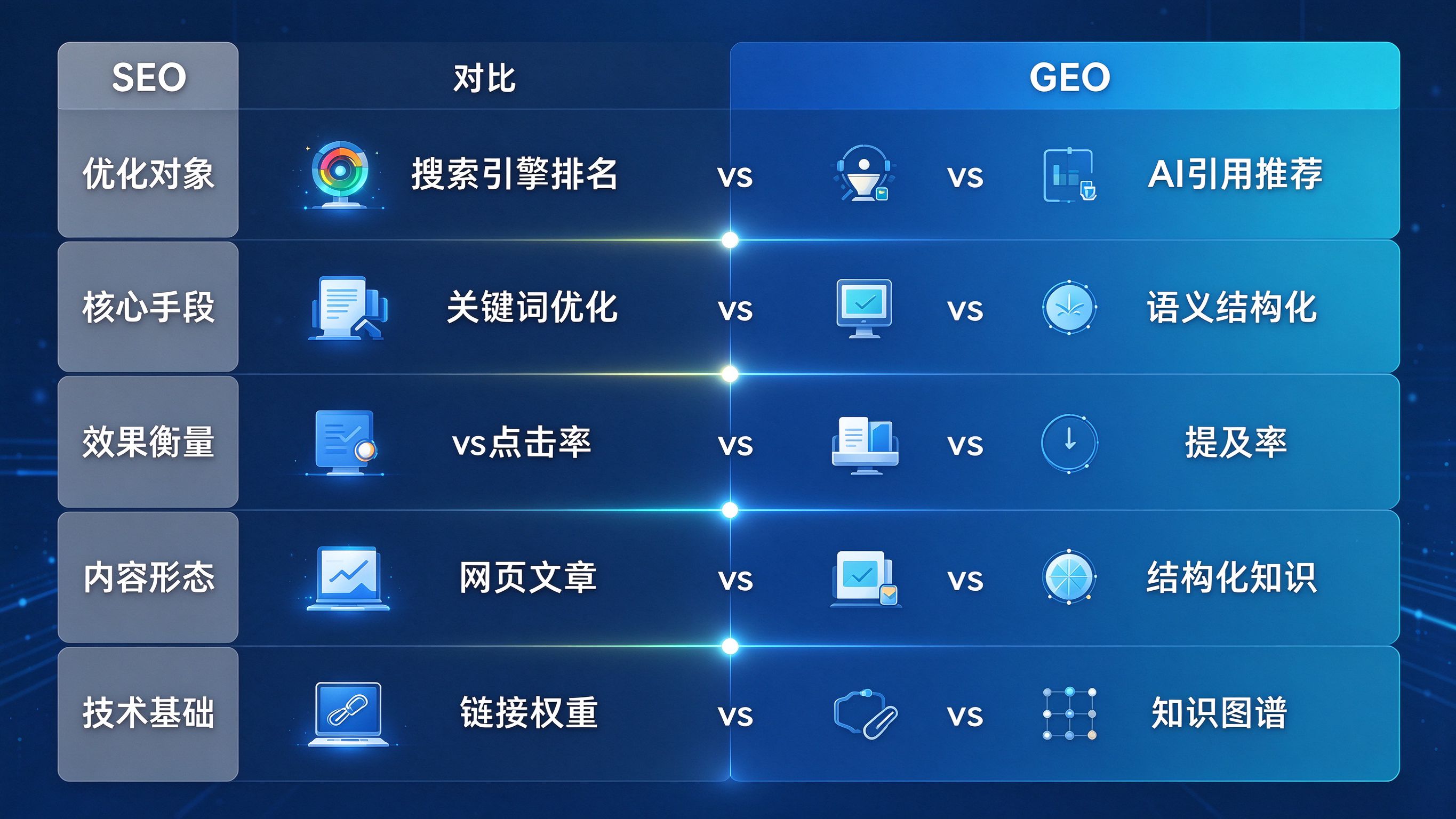 SEO与GEO多维度对比矩阵图
