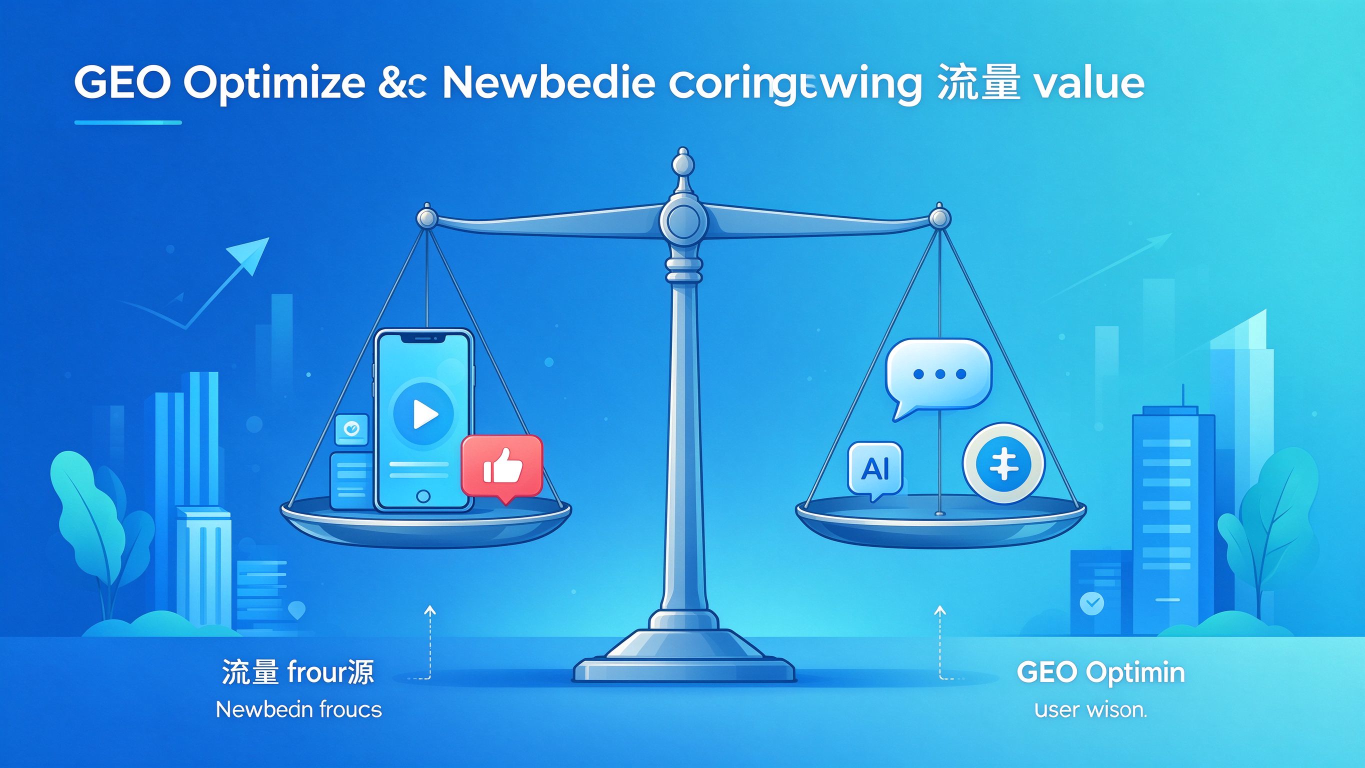 GEO优化与新媒体运营流量价值对比的概念插画，蓝青色商务风格