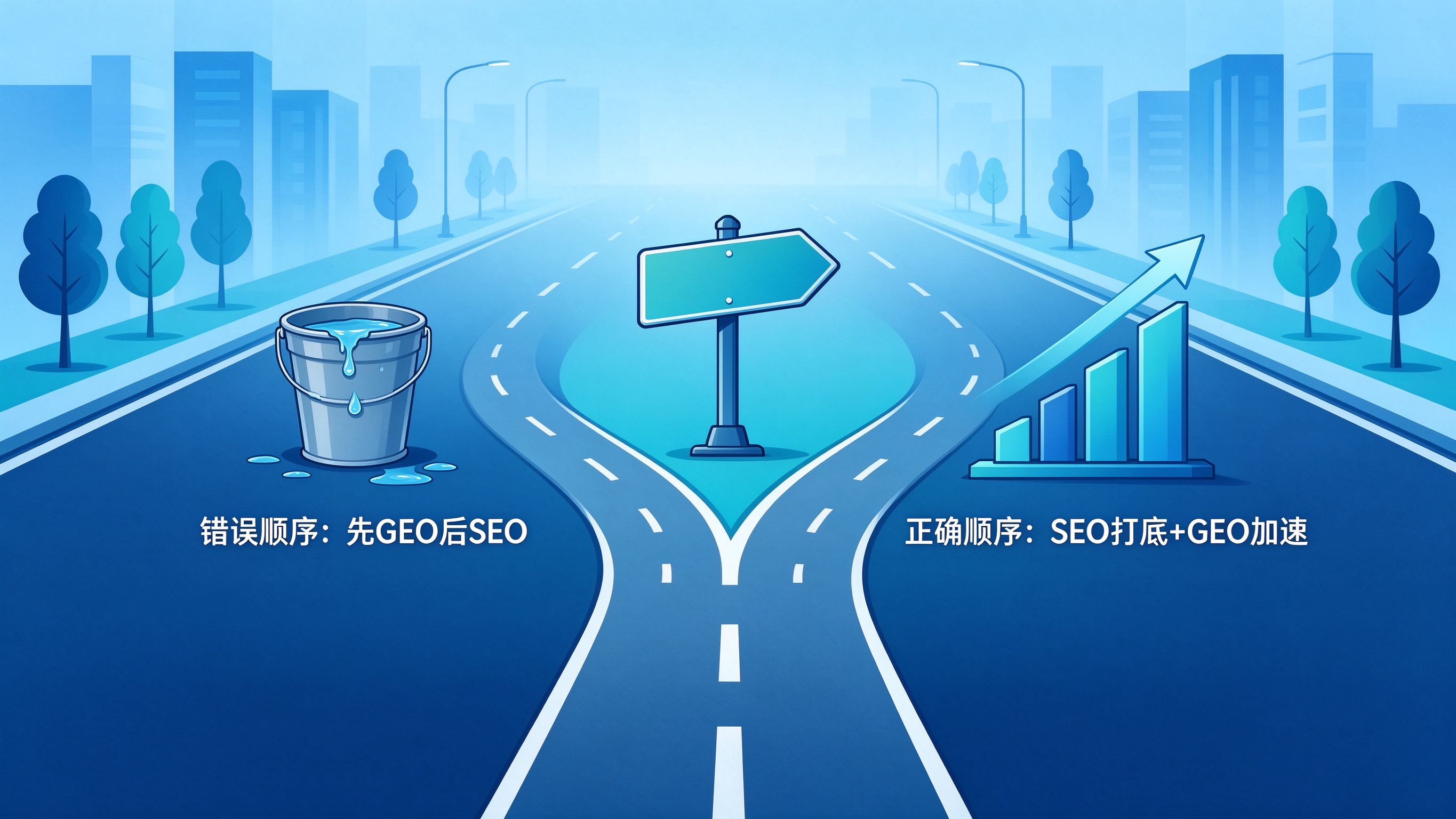 GEO与SEO顺序决策图，蓝青色商务插画，分岔路口标注两种路径及后果