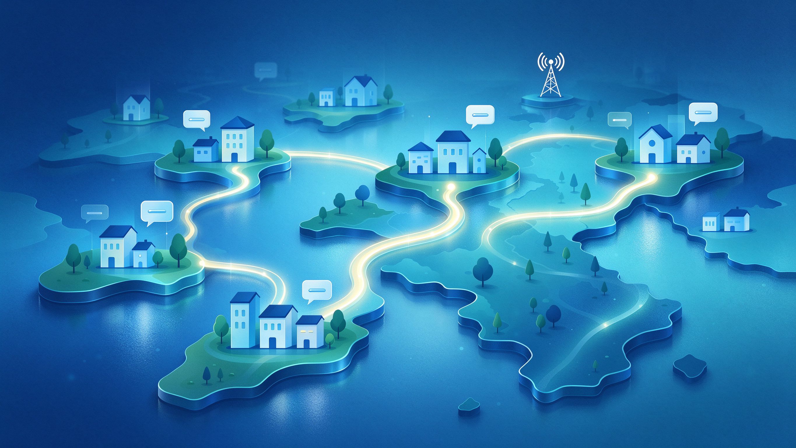 风格化的社区地图，发光路径串联节点