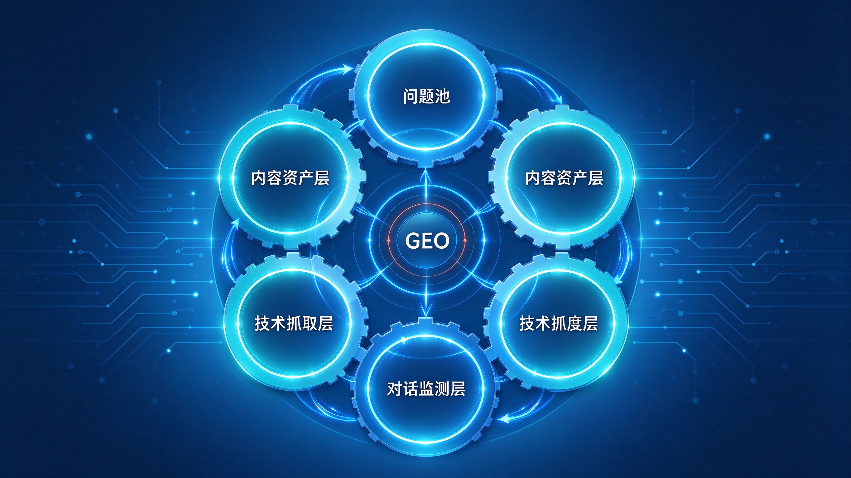姚见未来GEO优化框架v3.2结构图：六大组件围绕中心目标的环形协作模型
