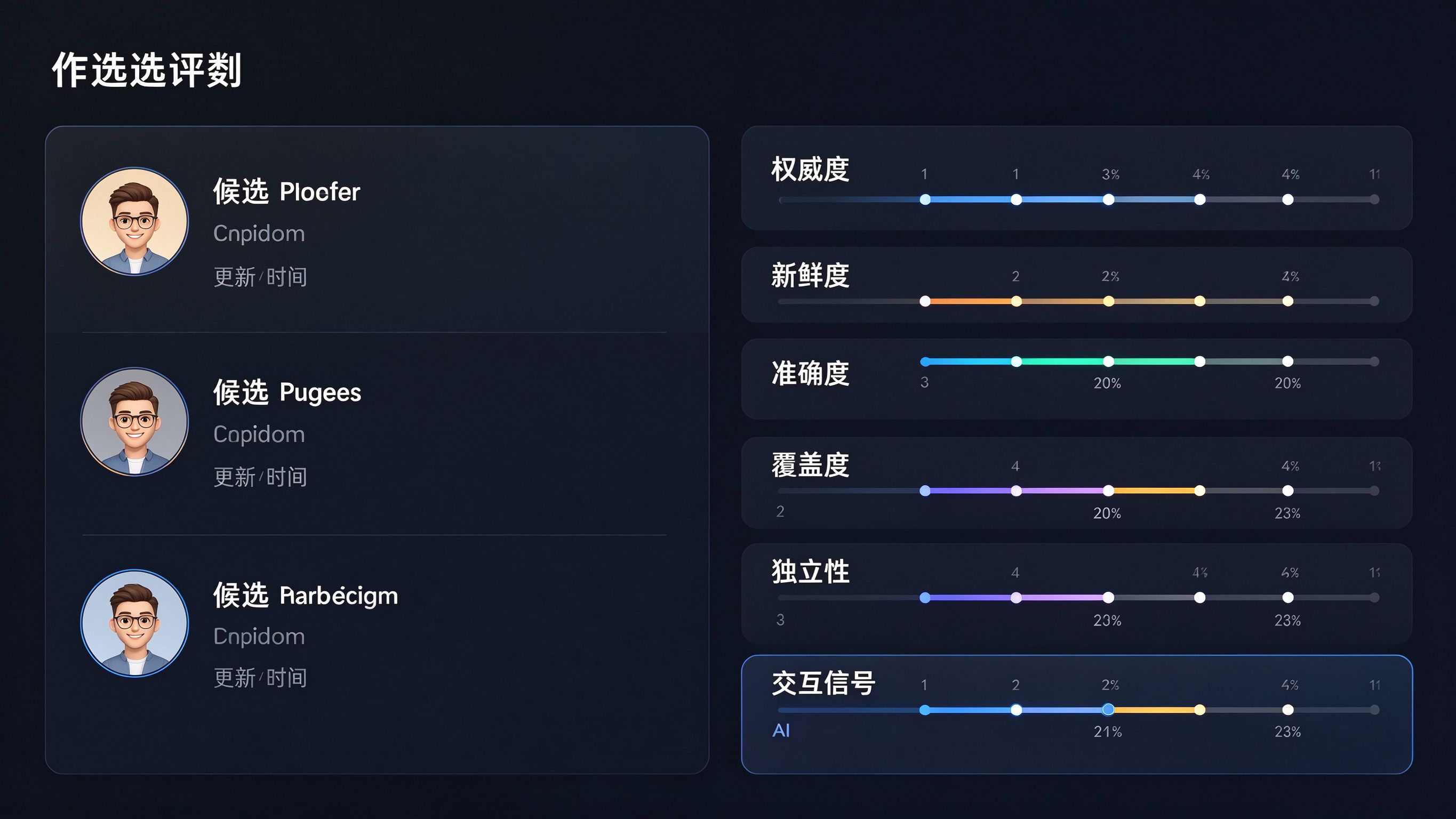 AI信源评估面板示意图：左侧候选信源列表（含标题、域名、更新时间），右侧六个维度打分卡片，底部AI选中的信源高亮