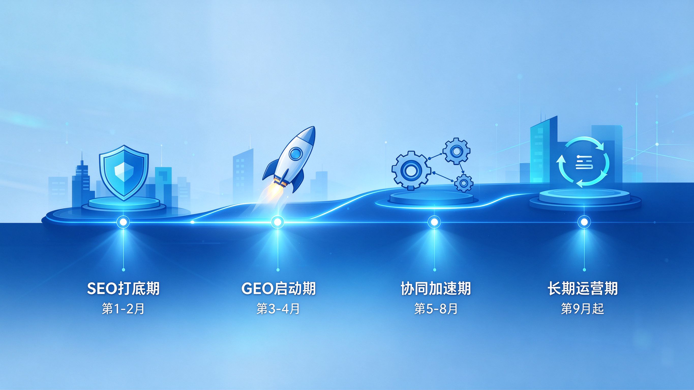GEO与SEO分步实施时间轴，蓝青色商务插画，四个阶段从左到右排列