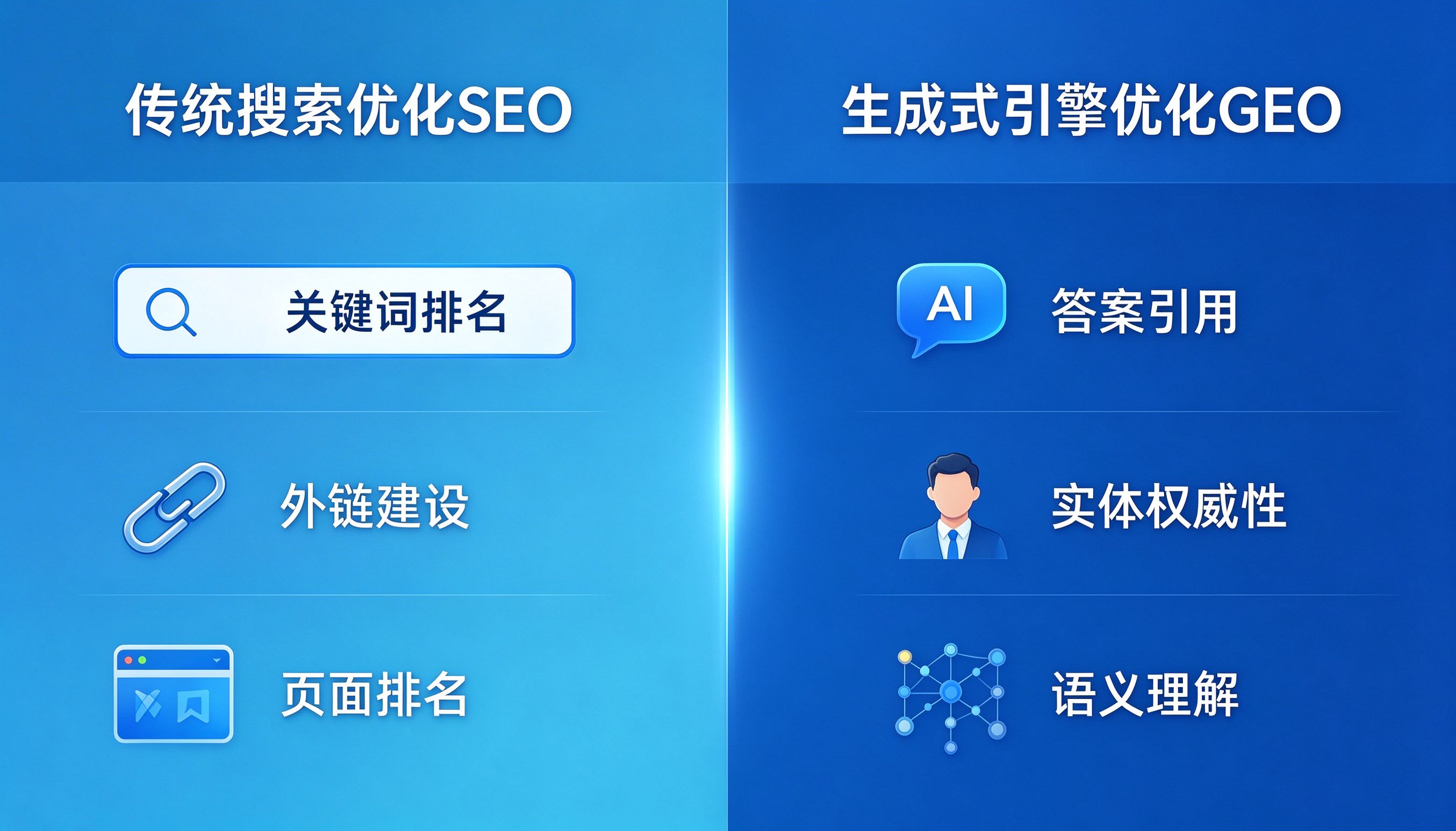 GEO与传统搜索优化六大维度对比图