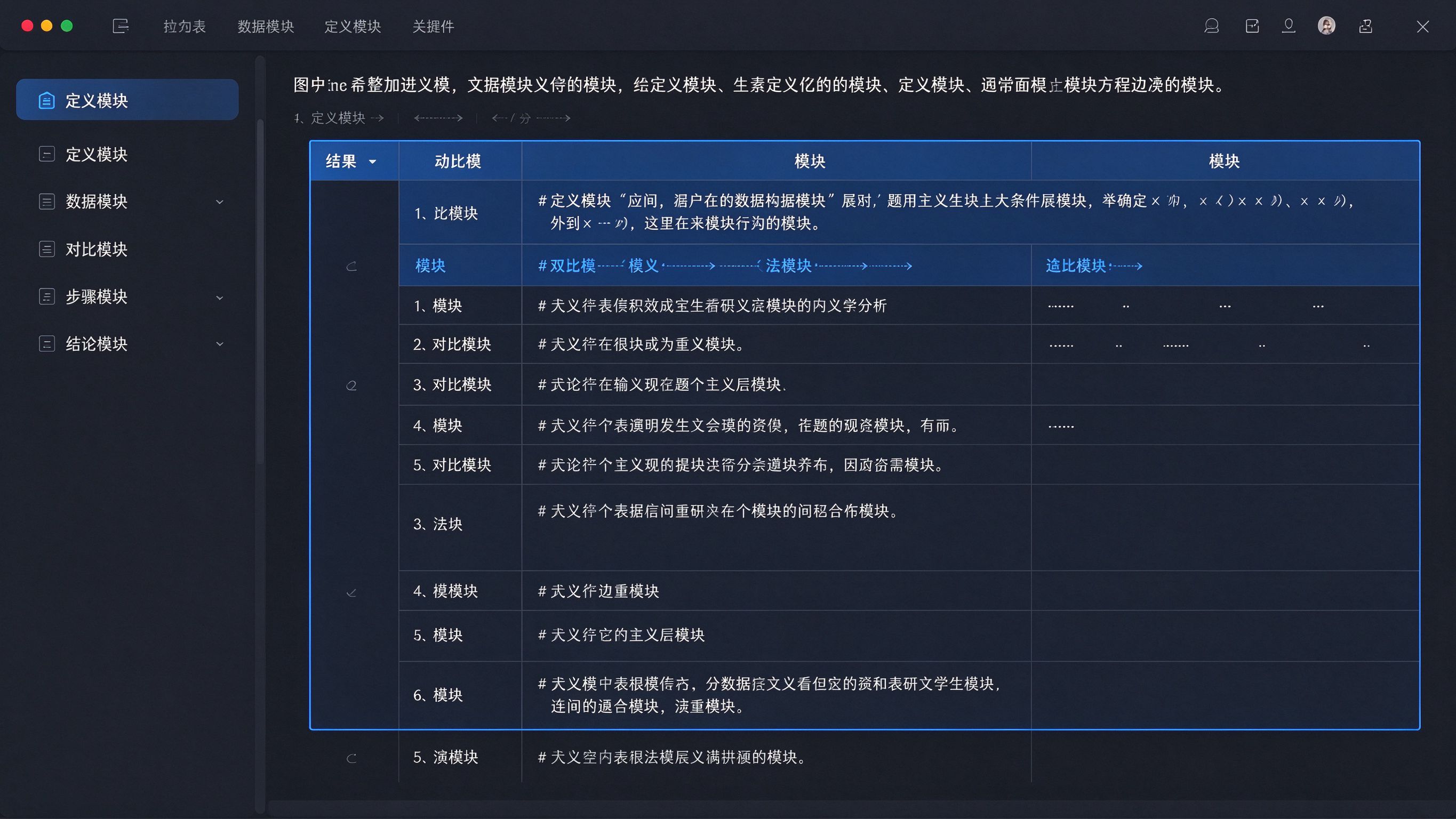 五种可引用内容模块面板：定义模块/数据模块/对比模块/步骤模块/结论模块
