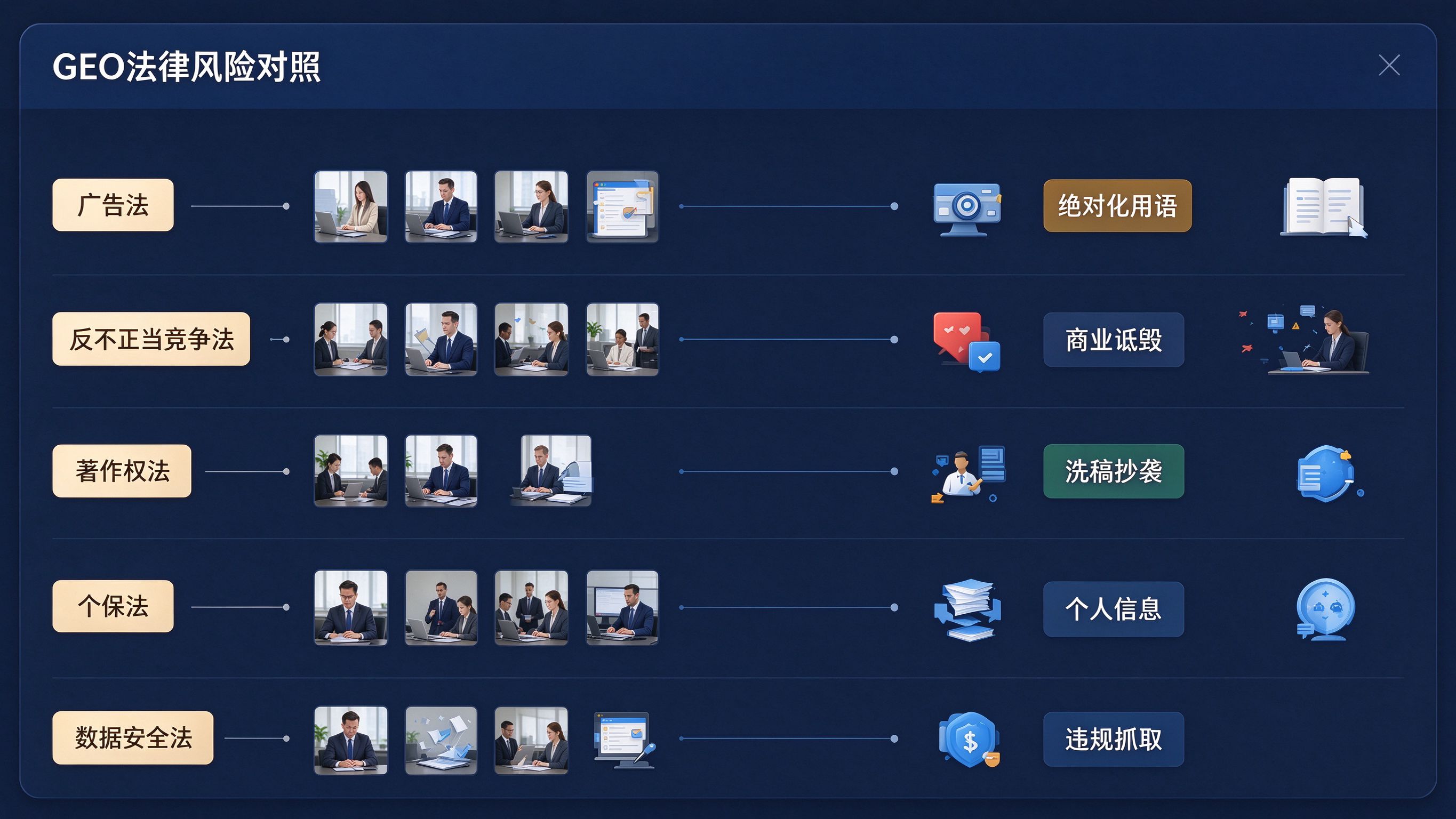 GEO法律风险对照面板：左侧法律名称列表，右侧对应GEO风险场景标签