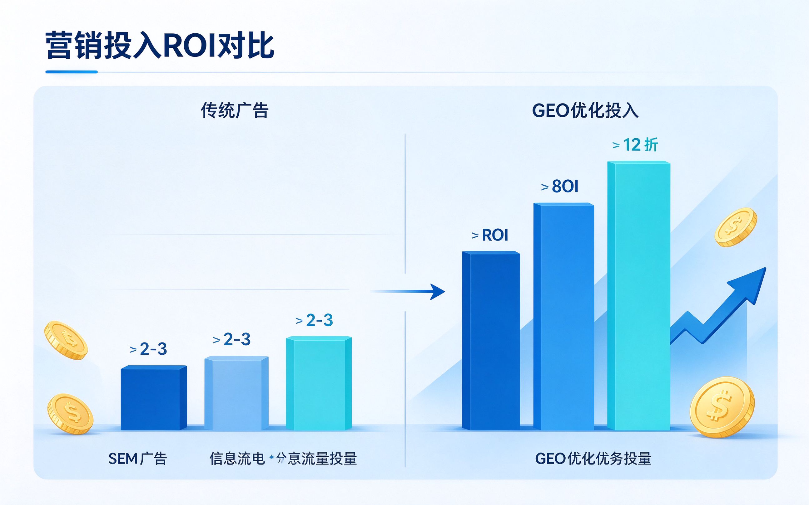 营销投入ROI对比柱状图：传统广告ROI约2-3倍，GEO优化ROI约8-12倍