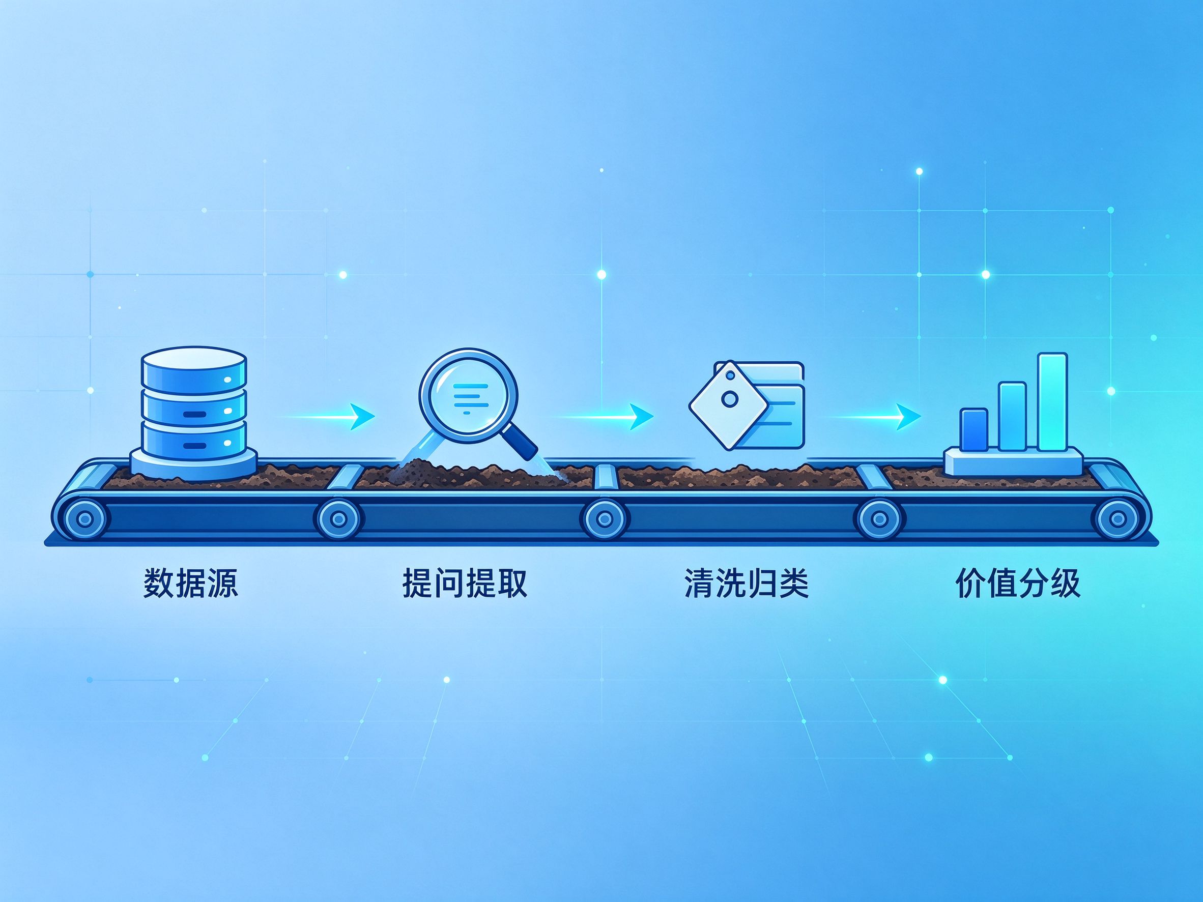 GEO优化挖掘逻辑图：从数据源到提问提取再到价值分级的流程，蓝青色商务科技插画