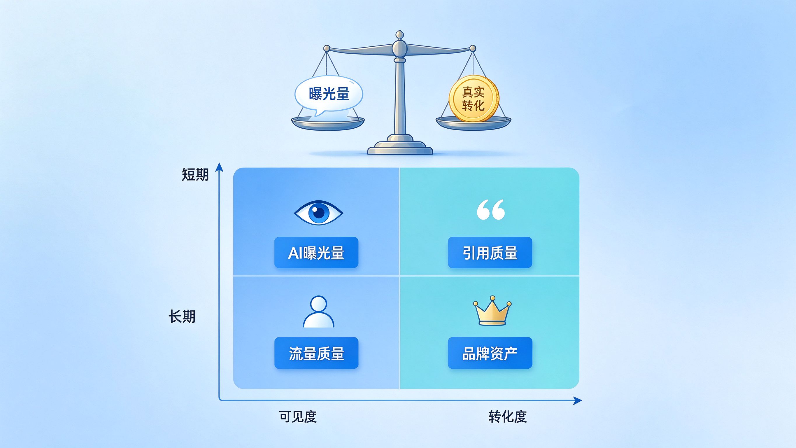 GEO成效评估四维度矩阵图，对比曝光量与真实转化的天平倾斜