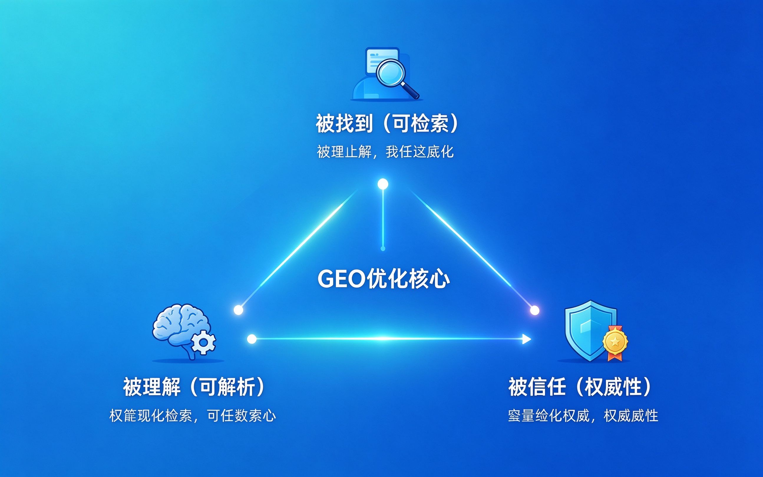 GEO优化底层逻辑三件事三角形关系示意图