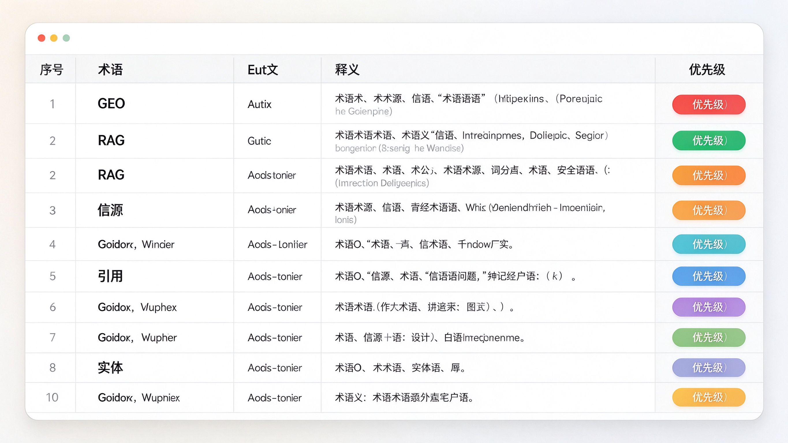 GEO术语速查表界面模拟：一张表格界面，表头为序号/术语/英文/释义/优先级标签