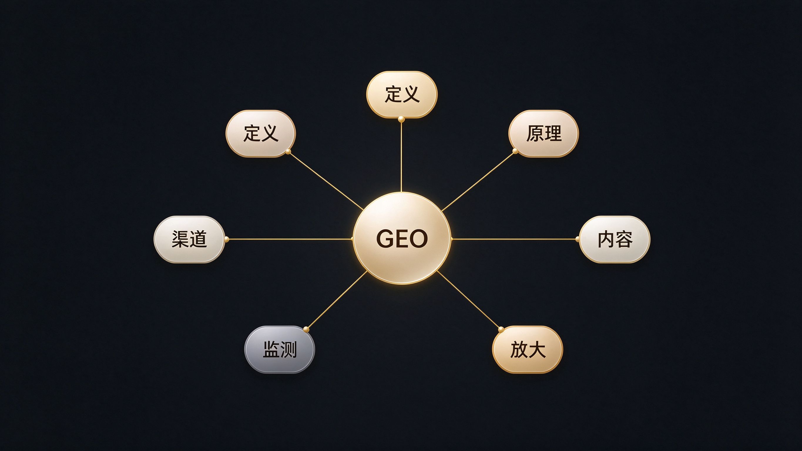 GEO知识全景图界面：中心GEO六个模块放射状节点，每个节点列出核心概念