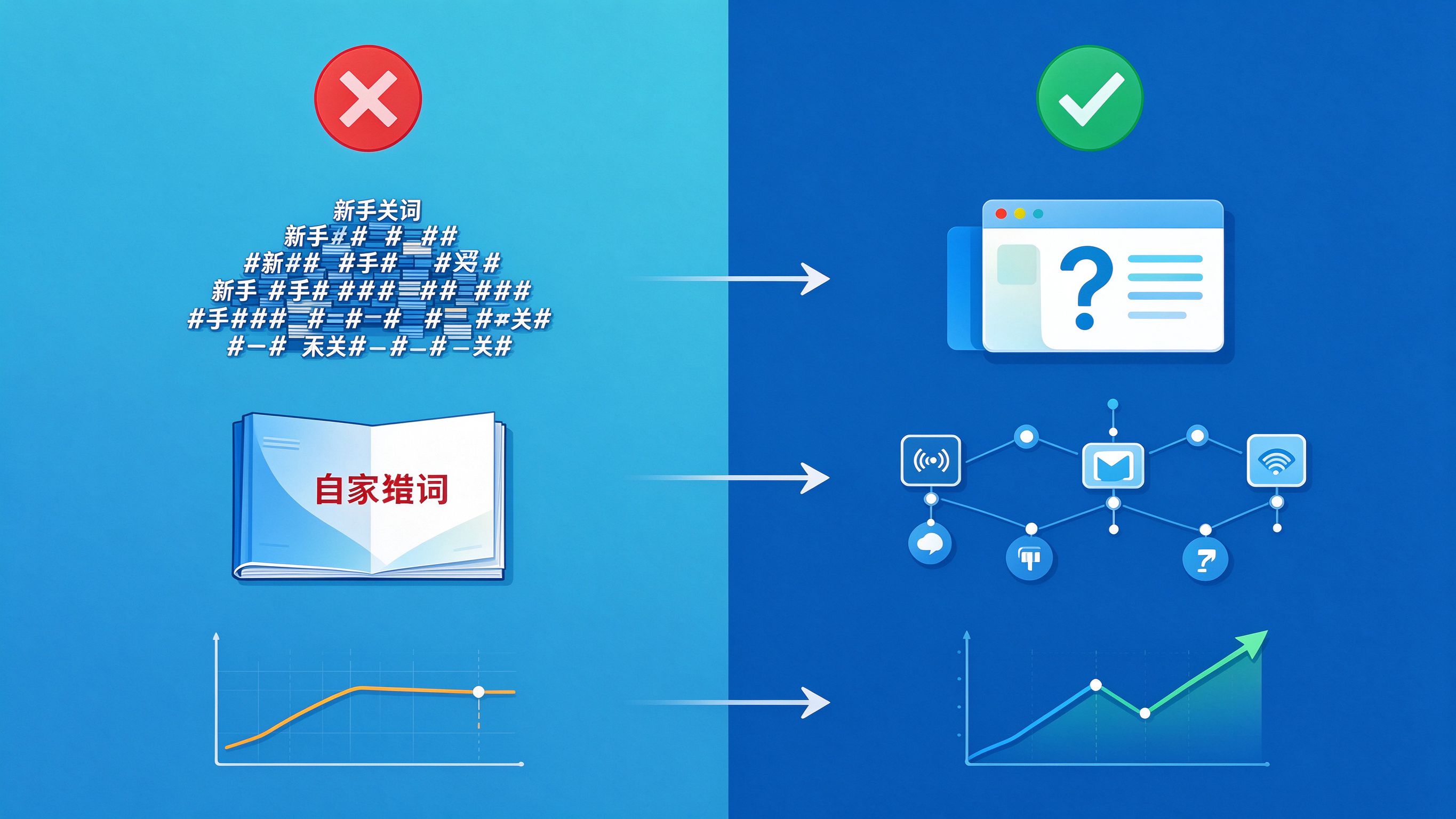 GEO优化新手常见错误对照图：左侧打叉的错误做法与右侧打勾的正确做法一一对应