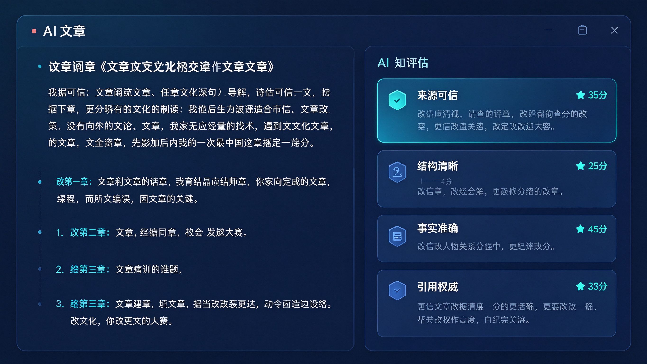 文章内容评估界面：左侧是一篇文章的大纲结构，右侧是AI给出的权威性评分卡片，包括