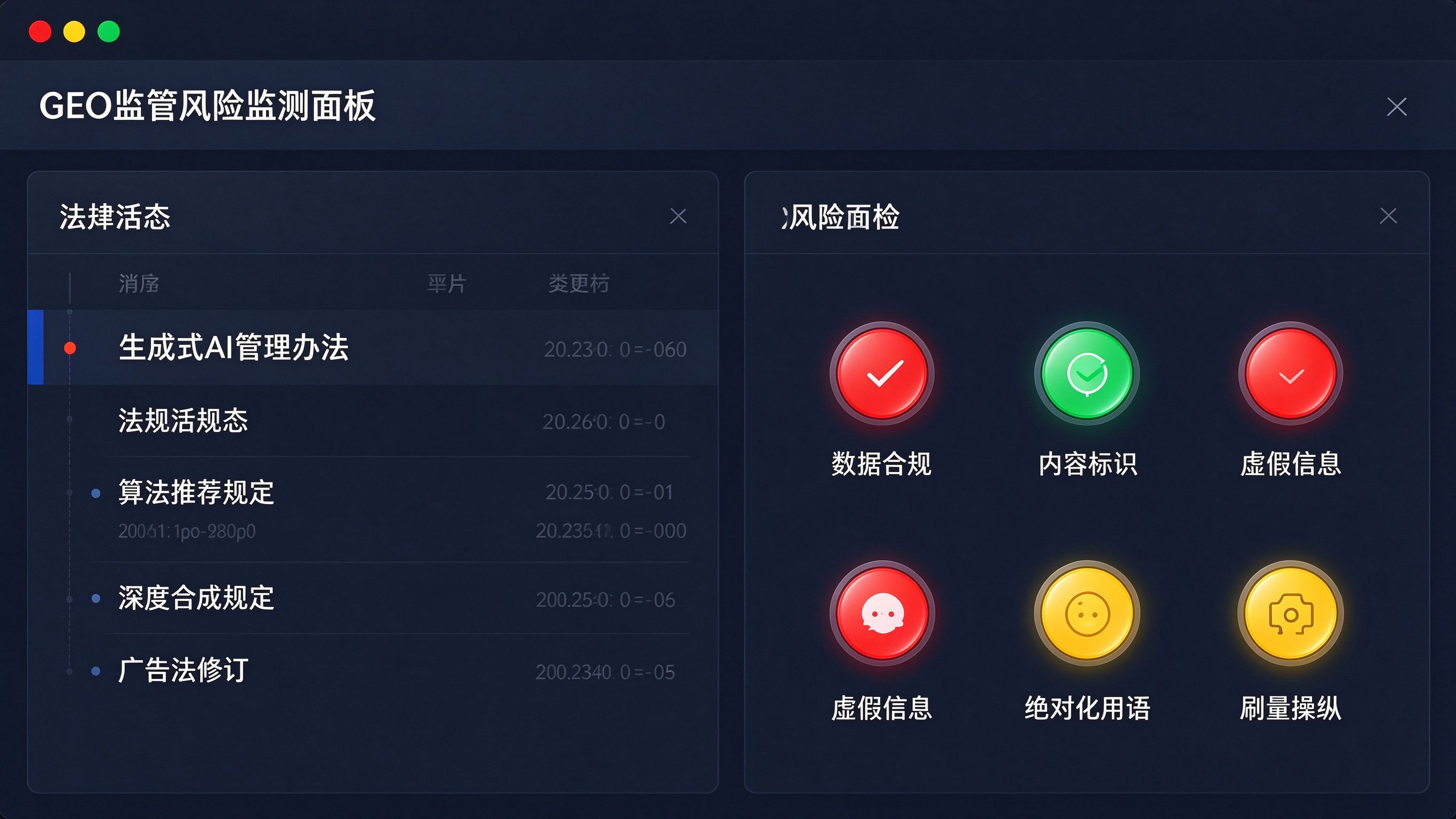 GEO监管风险监测面板：左侧法规动态列表，右侧风险等级指示灯