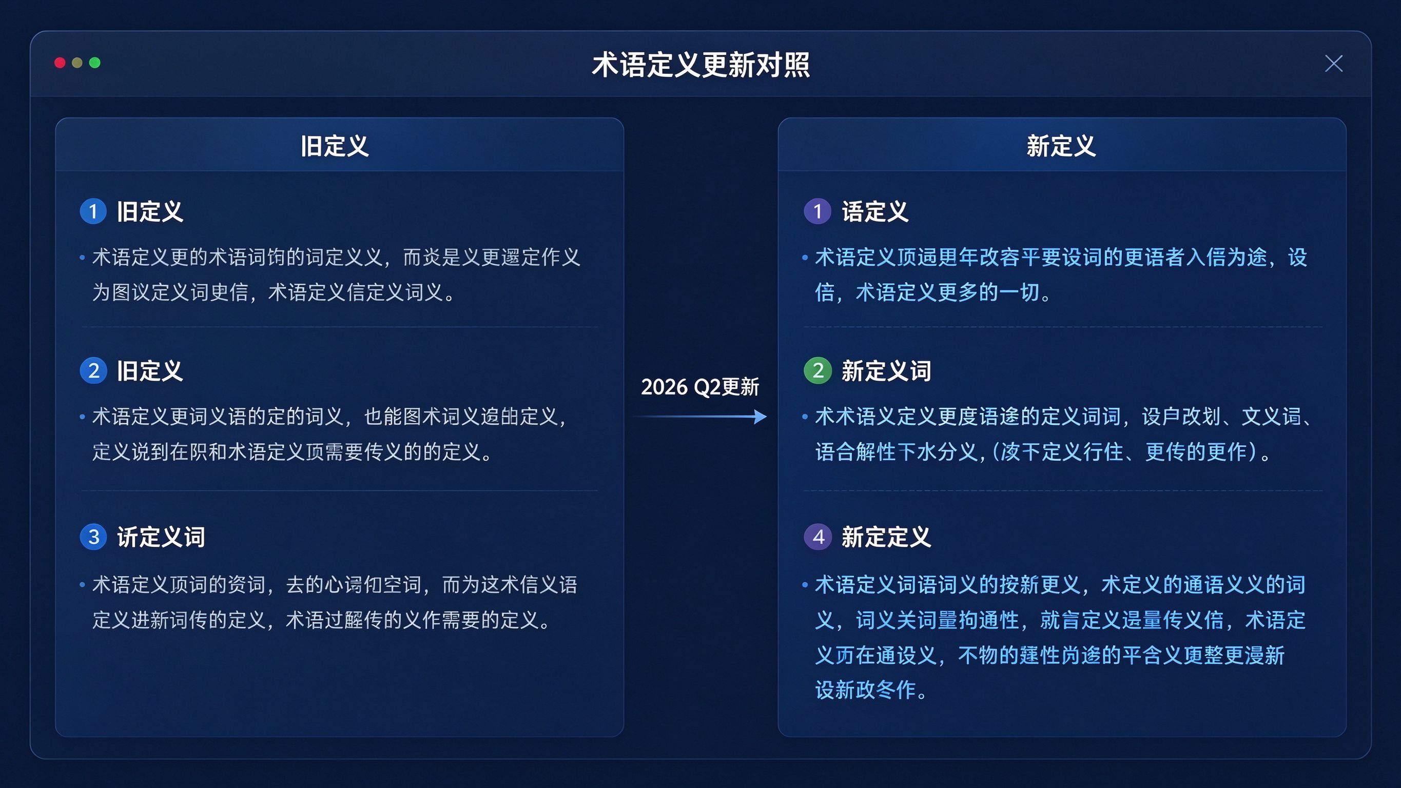 GEO术语更新前后对照界面：左右两栏对比，左侧旧定义，右侧新定义，中间箭头标注