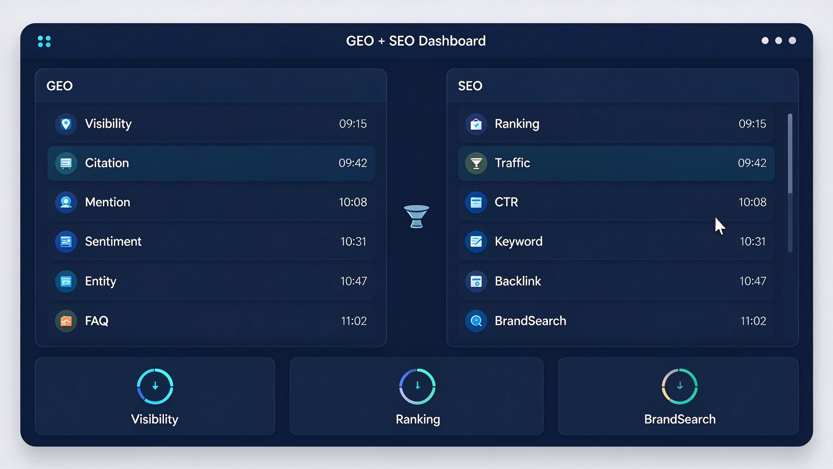 GEO+SEO协同双引擎流量漏斗：顶部用户问题入口，中部GEO和SEO双路径并行，底部汇聚到品牌转化