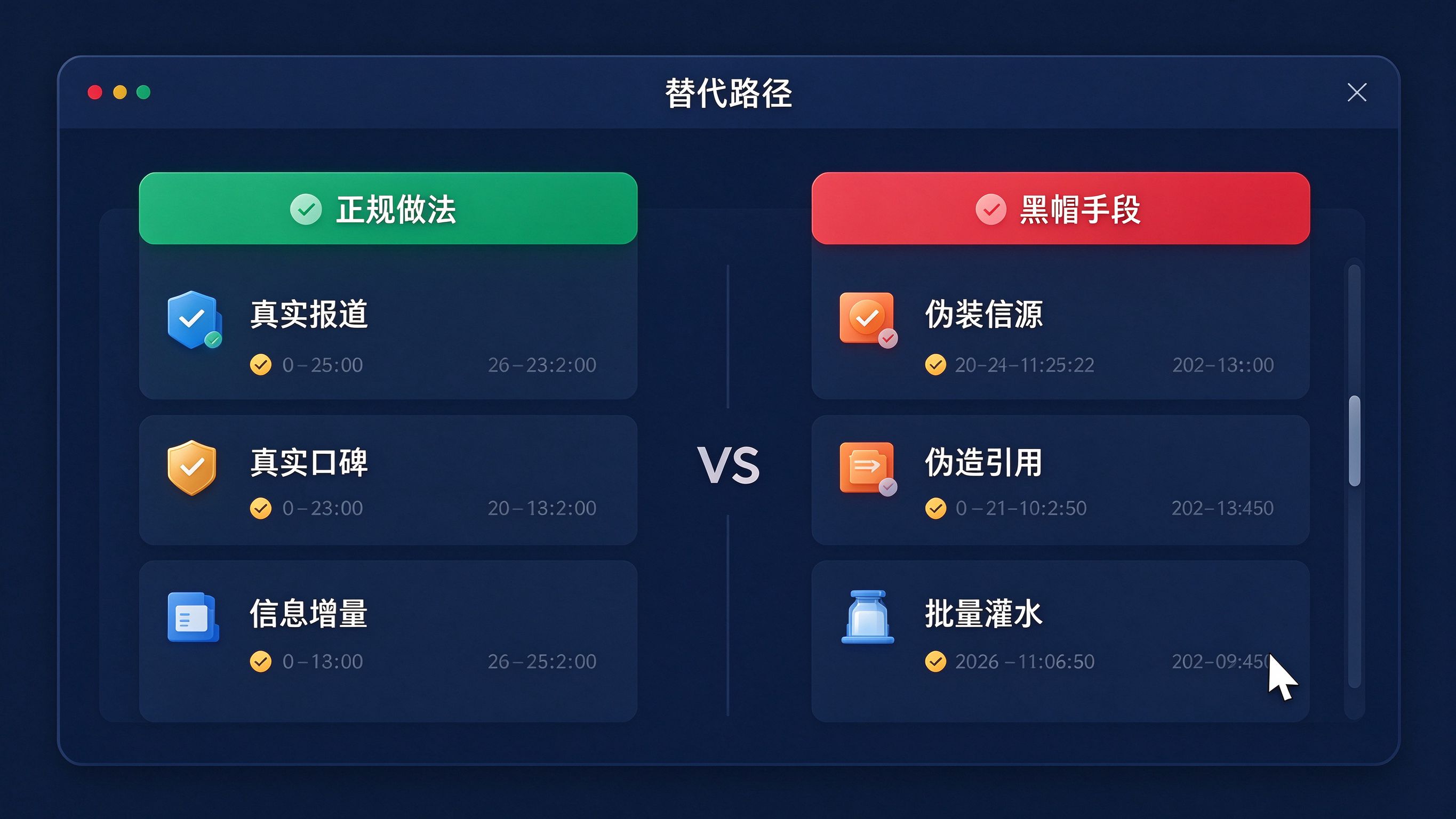 GEO合规替代路径界面：绿色标签列正规做法，与红标签黑帽手段形成对比