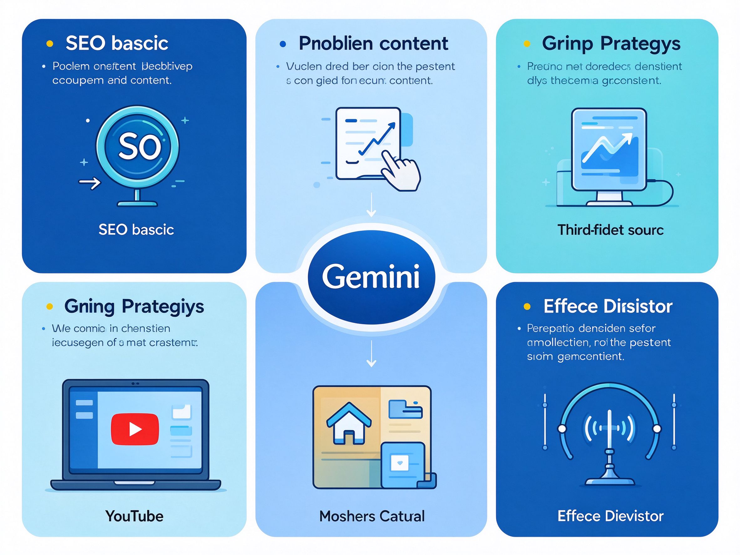 Gemini优化六大策略框架图，展示从SEO基础到内容布局、信源拓展、YouTube优化、商家资料、效果监测的完整策略体系，蓝青色系信息图风格
