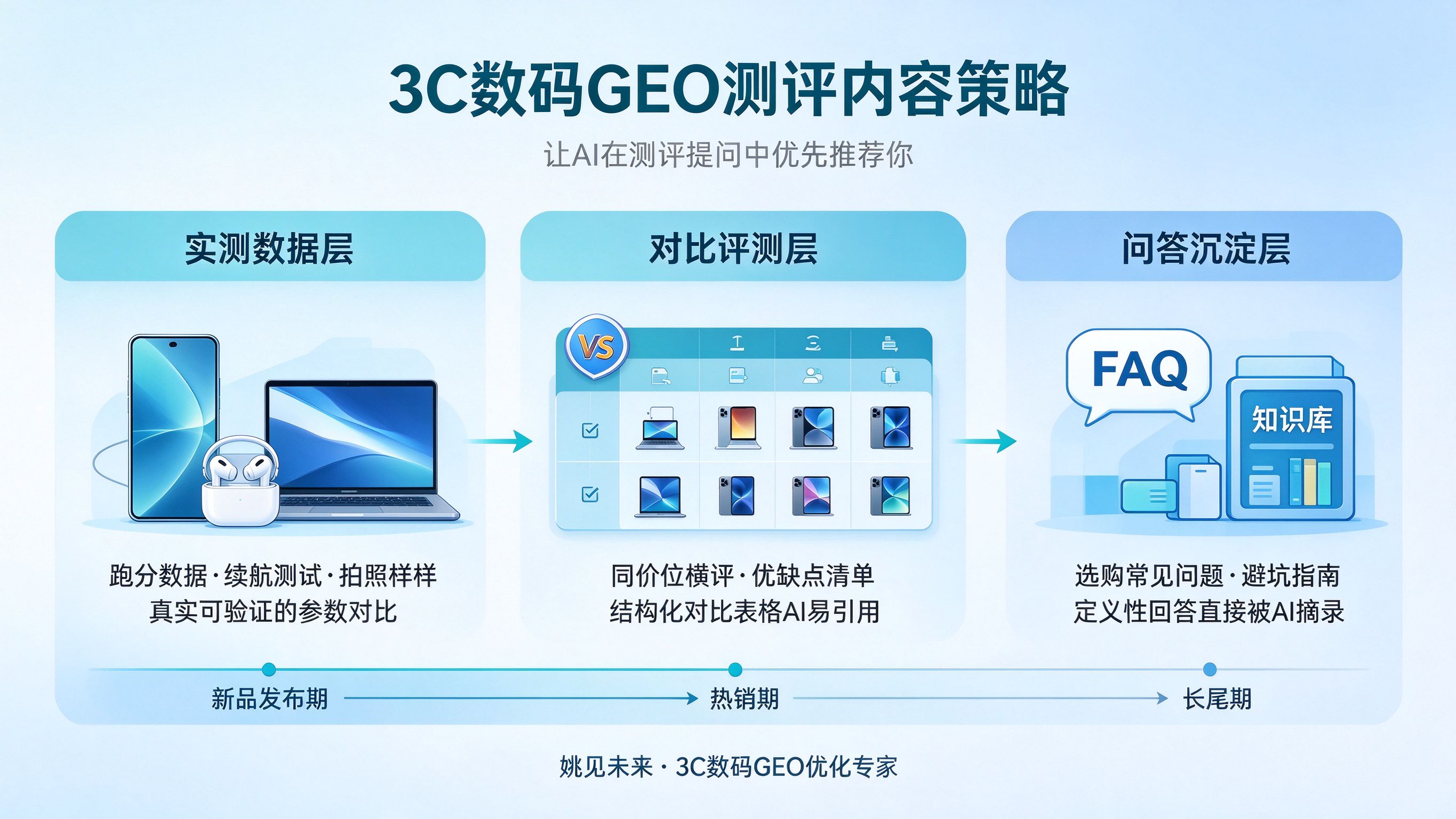 3C数码GEO测评内容策略：实测数据层、对比评测层、问答沉淀层三层递进