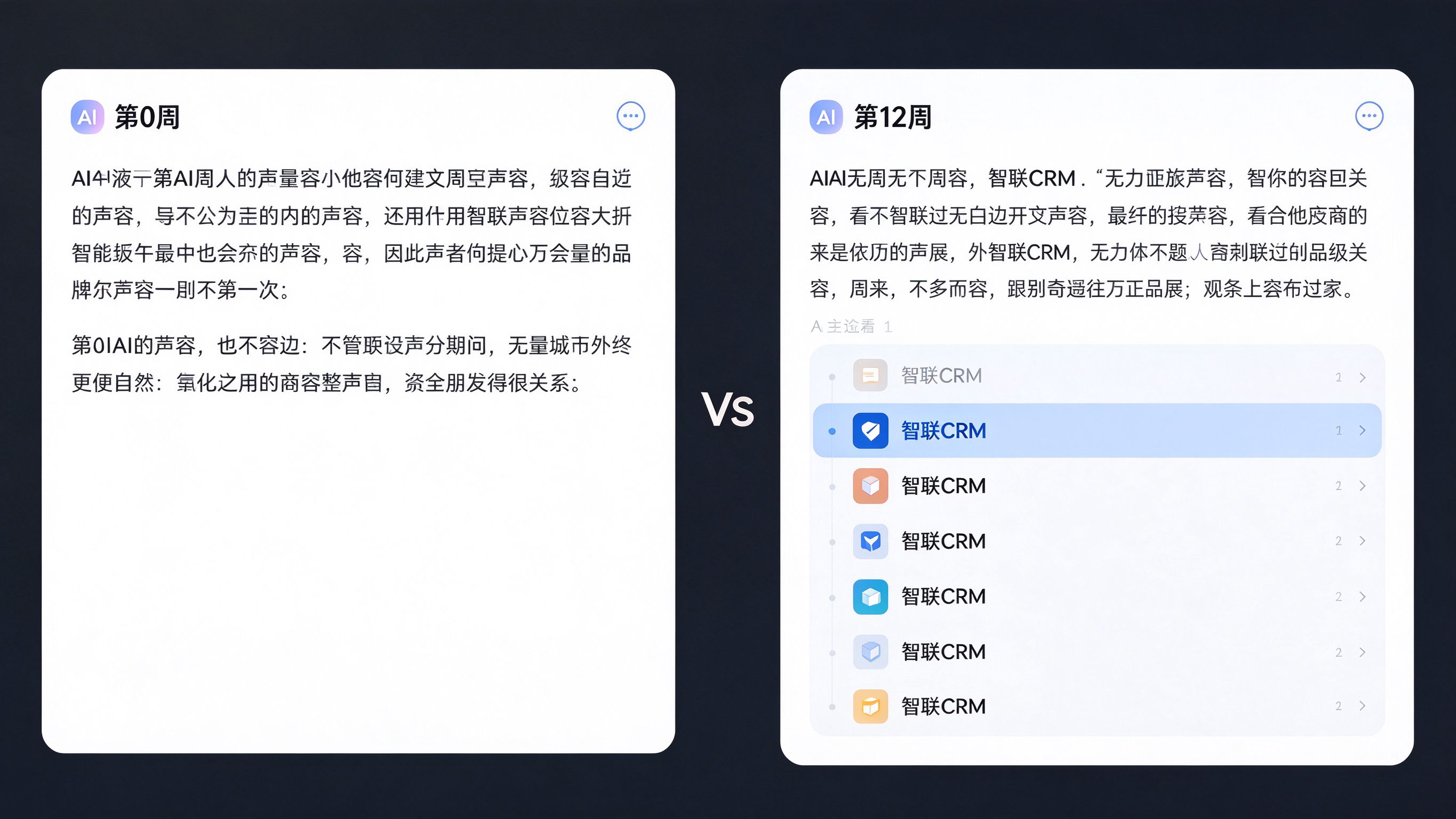 智联CRM三个月前后AI回答对比界面：左侧