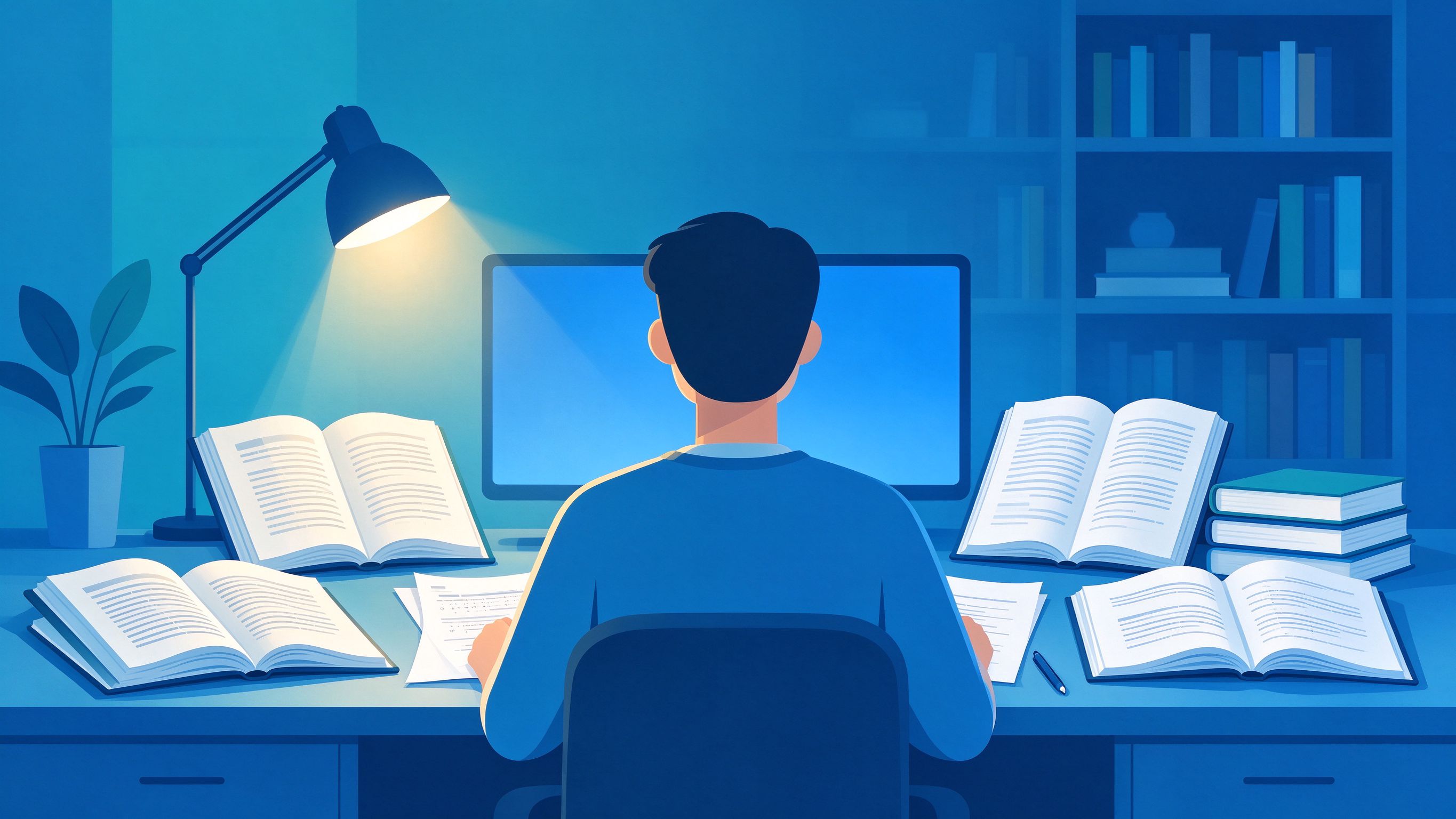 比喻场景图：一个学生坐在考场里开卷考试，桌上摊开多本资料书，正在翻找与考题相关的内容