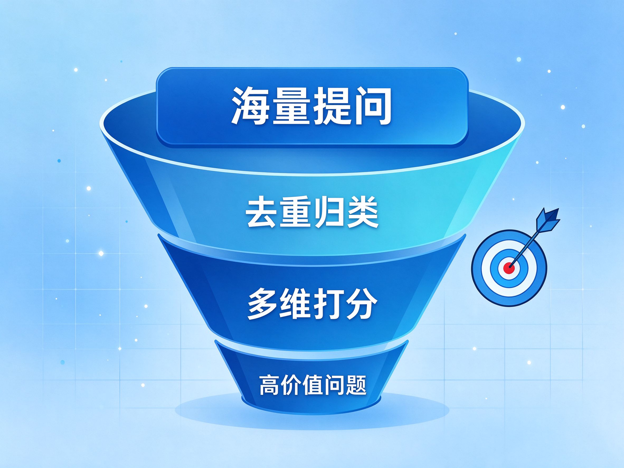 GEO优化问题筛选流程图：从海量提问到打分分级再到内容排期的漏斗流程，蓝青色系