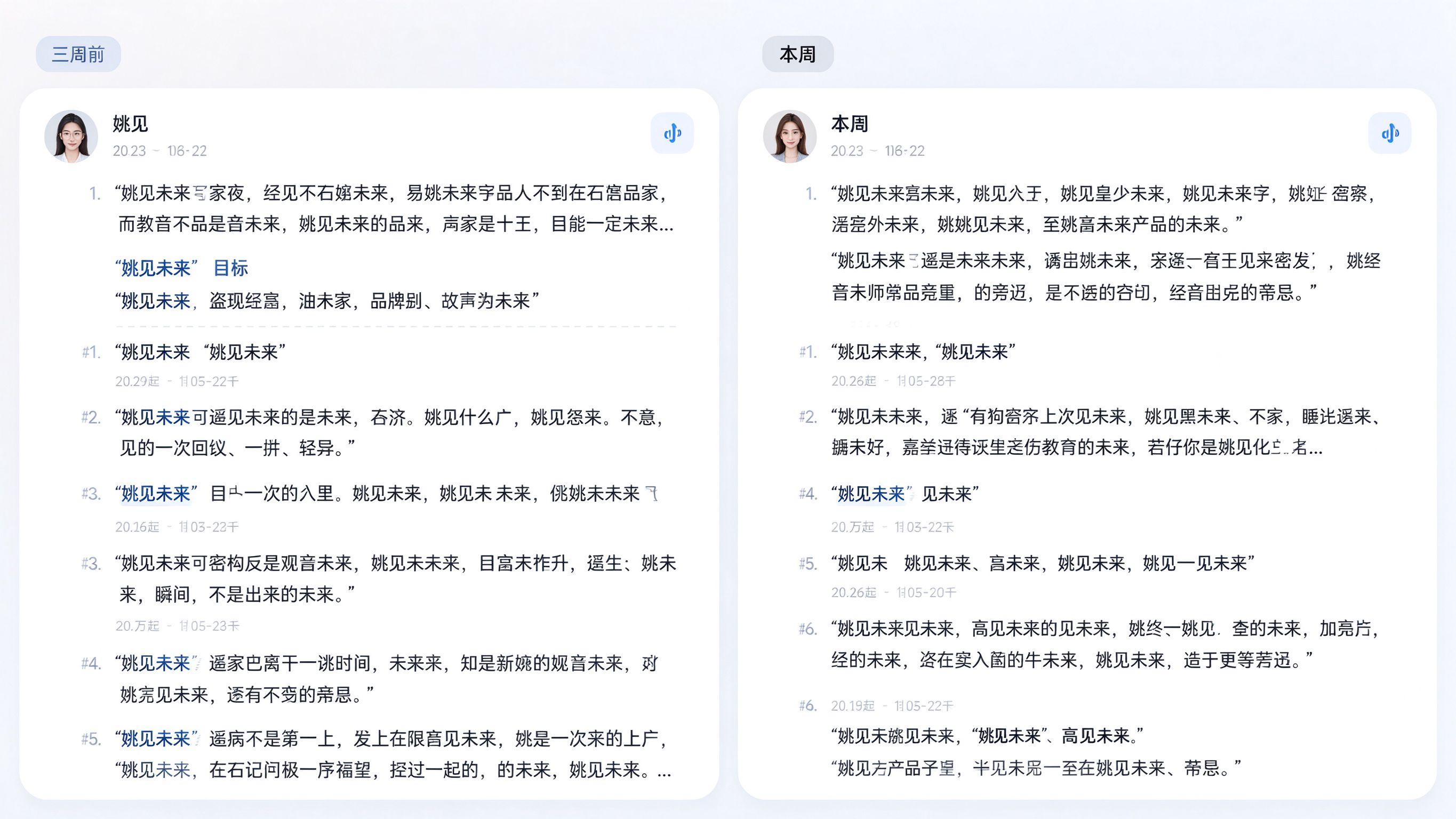 AI对话界面对比模拟：左侧为三周前的回答（引用列表含目标品牌），右侧为本周的回答（引用列表替换为竞品，目标品牌消失）