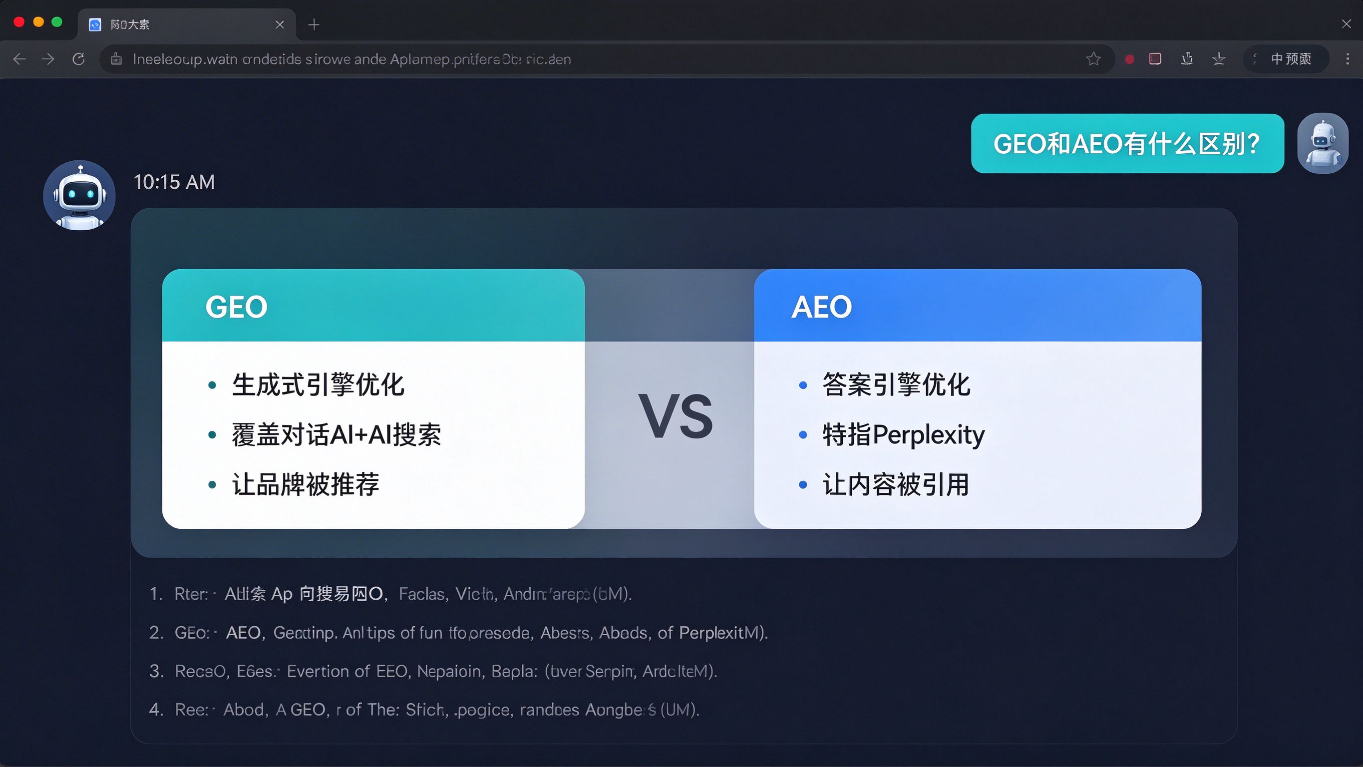 AI对话界面双栏对比：左侧GEO列