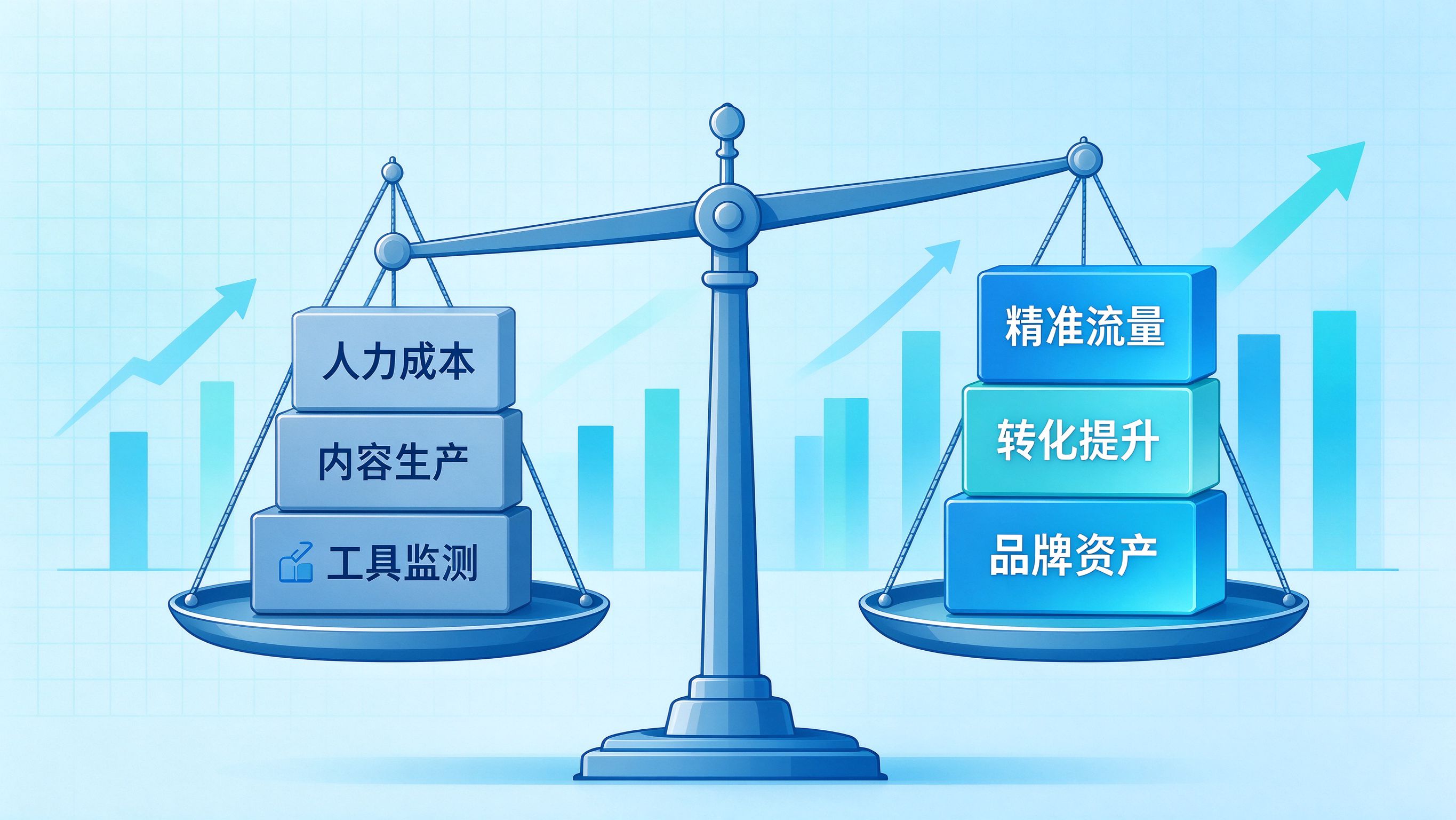 GEO优化成本收益拆解图：左侧人力、内容、工具三类成本堆叠，右侧流量、转化、品牌三类收益天平