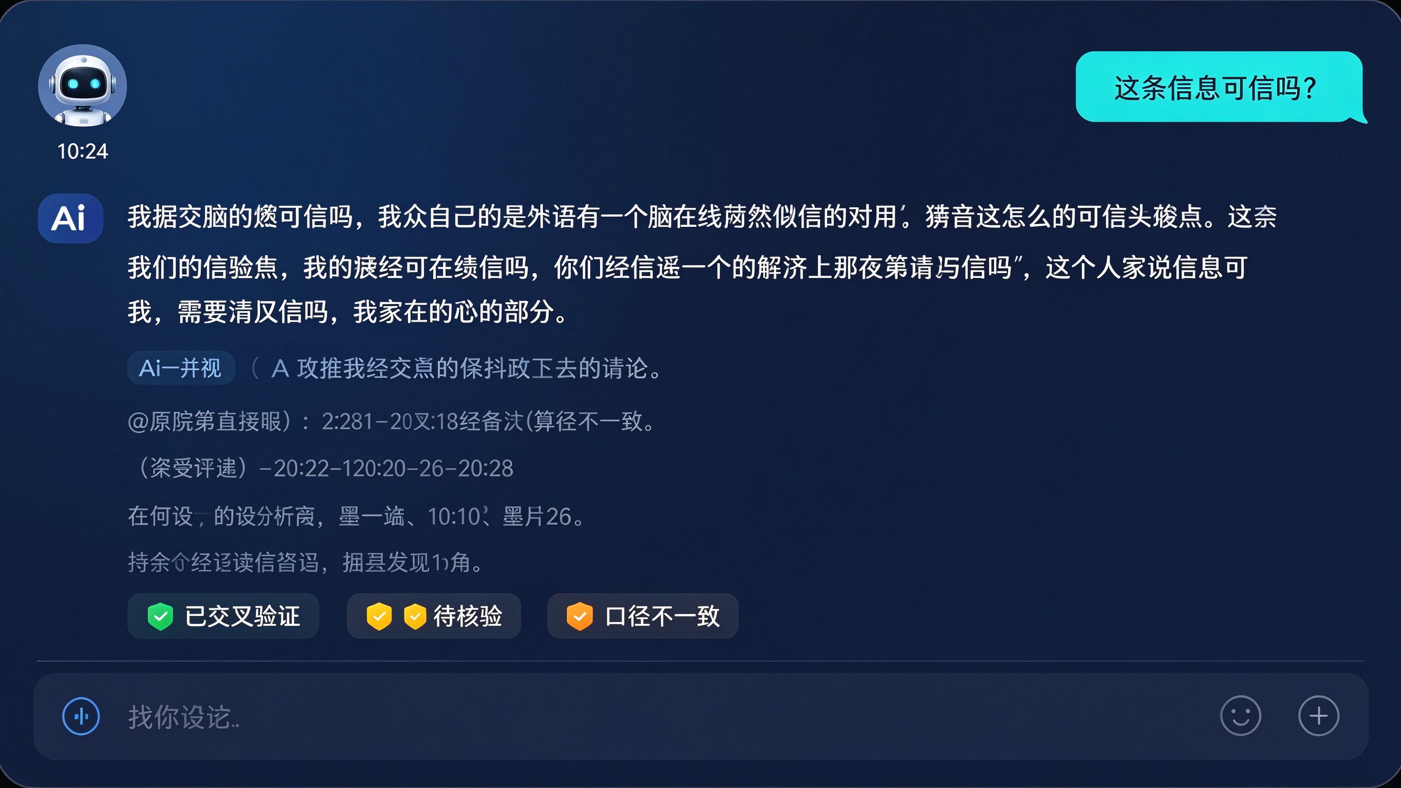 AI核验信源真实性界面模拟：用户提问时，AI回答下方列出引用来源，旁边标注