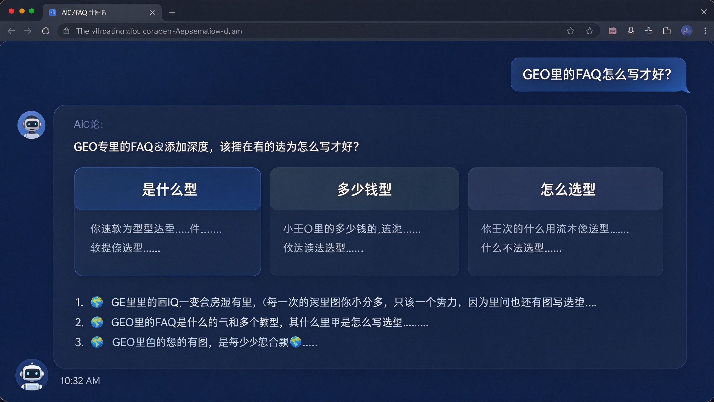 三种FAQ答案句式分类：是什么型、多少钱型、怎么选型三栏卡片