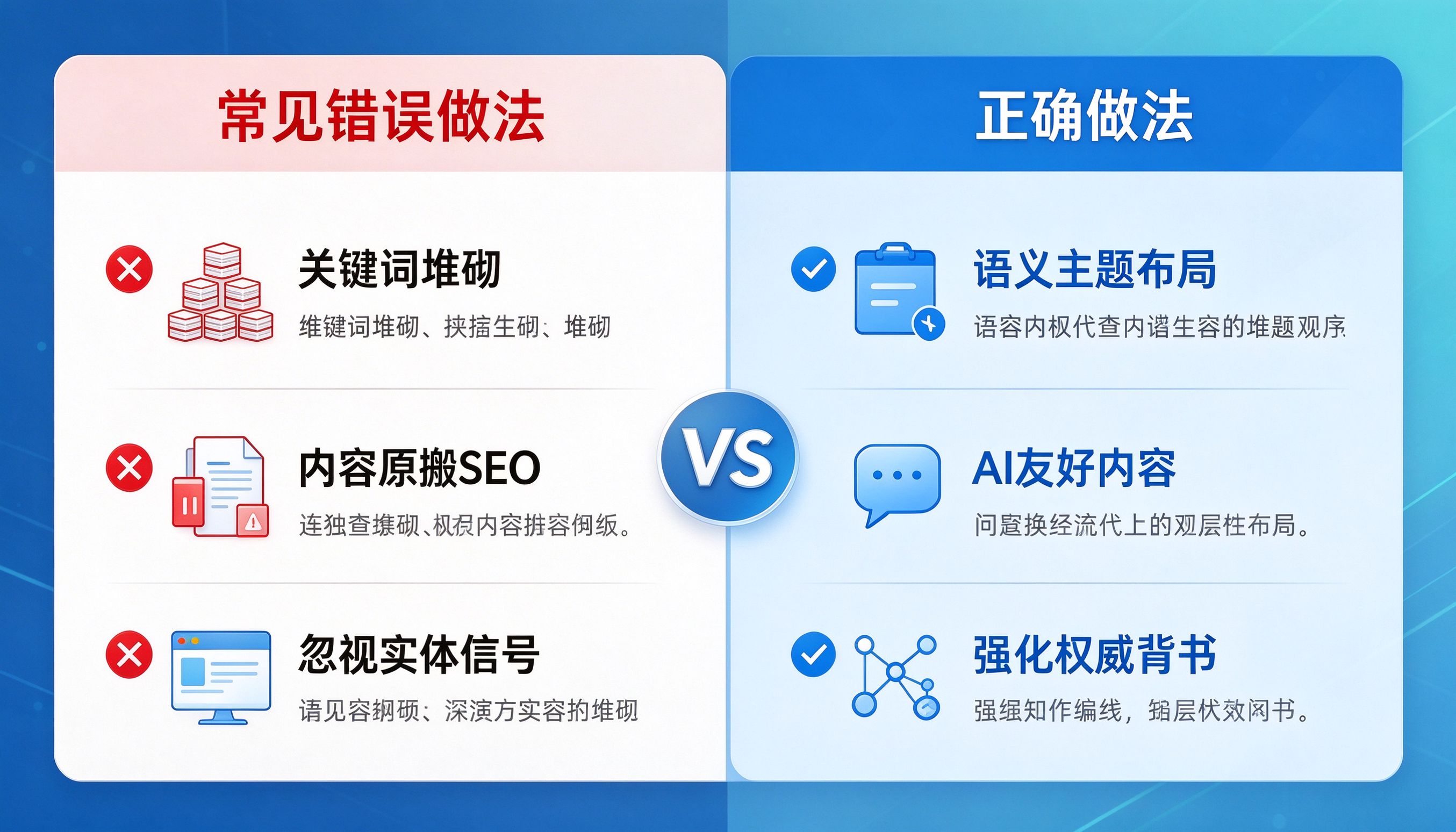 GEO优化常见错误与正确做法对照图
