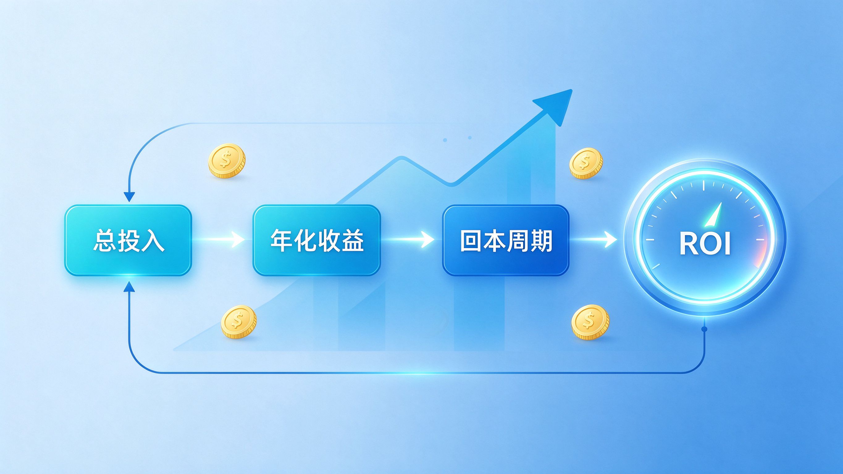 ROI计算模型示意图：从投入成本到预期收益再到回本周期的闭环计算流程