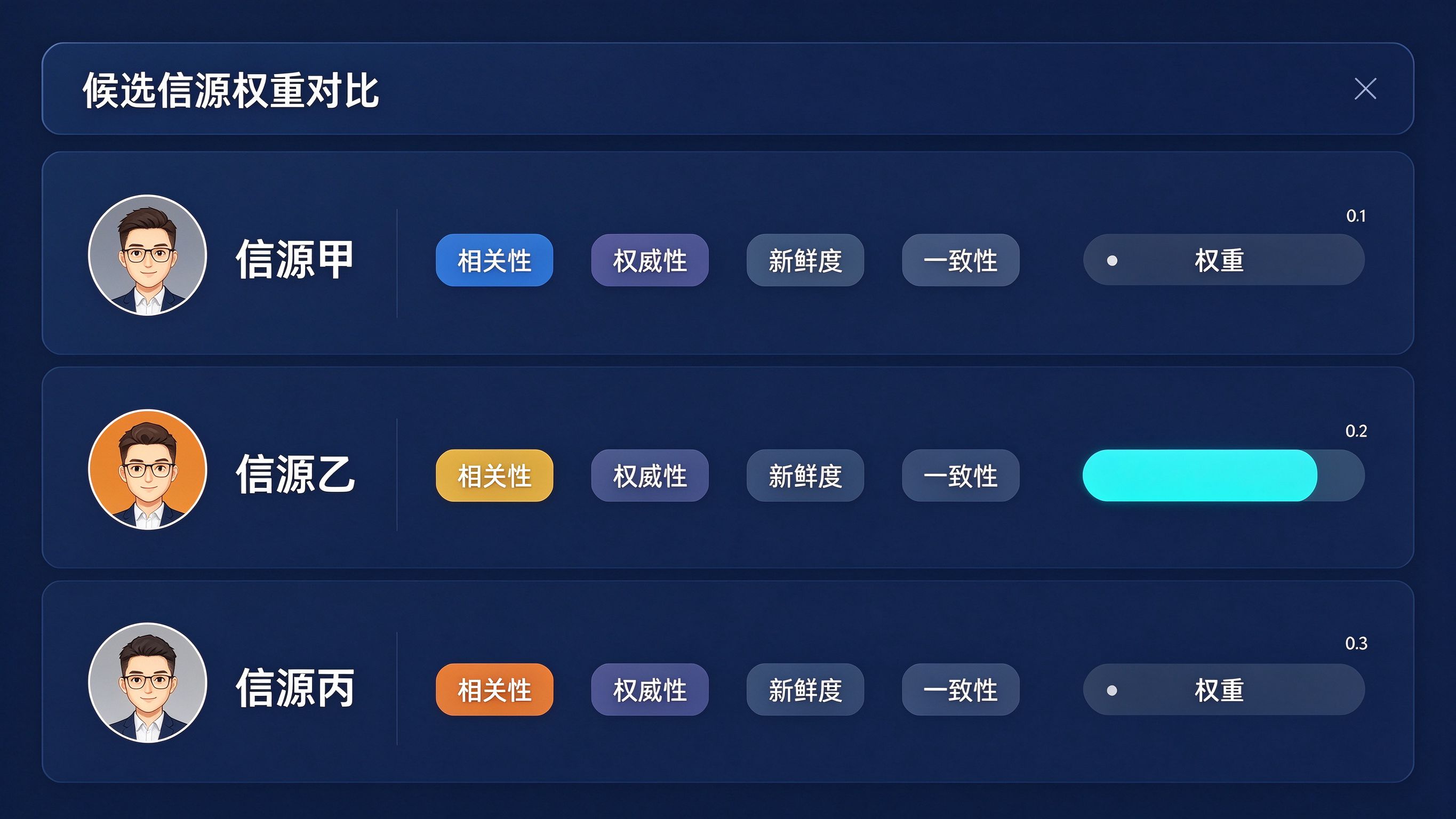候选信源权重对比面板：展示信源甲乙丙在相关性、权威性、新鲜度、一致性上的权重条对比