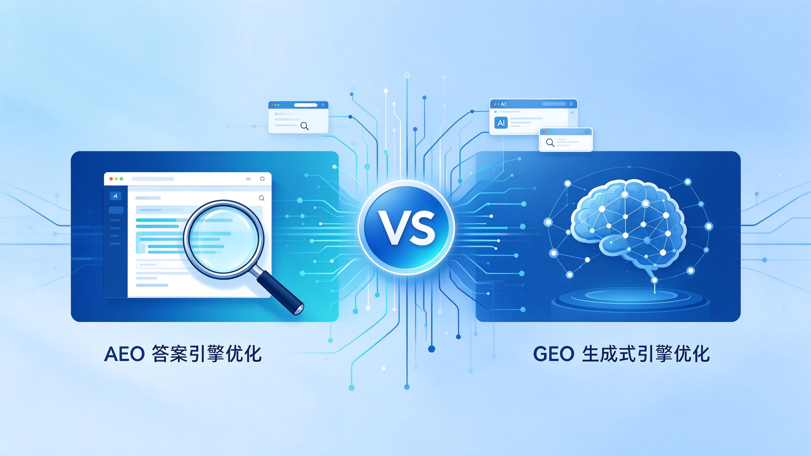 GEO优化与AEO概念差异对比图，蓝青色商务插画风格，左侧标注AEO答案引擎优化，右侧标注GEO生成式引擎优化，中间以VS标识分隔，背景为抽象AI搜索界面元素