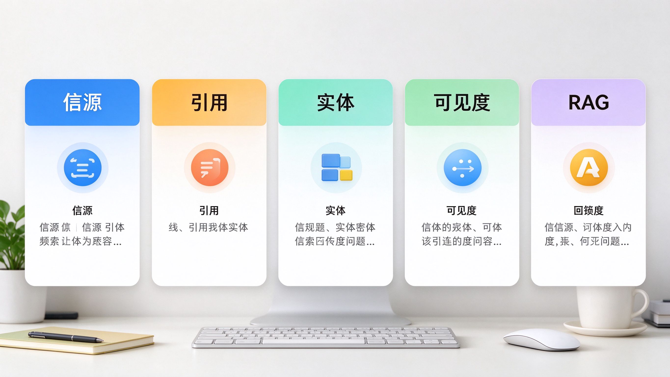 GEO名词解释速查卡界面：五个核心名词（信源/引用/实体/可见度/RAG）做成卡片式展示
