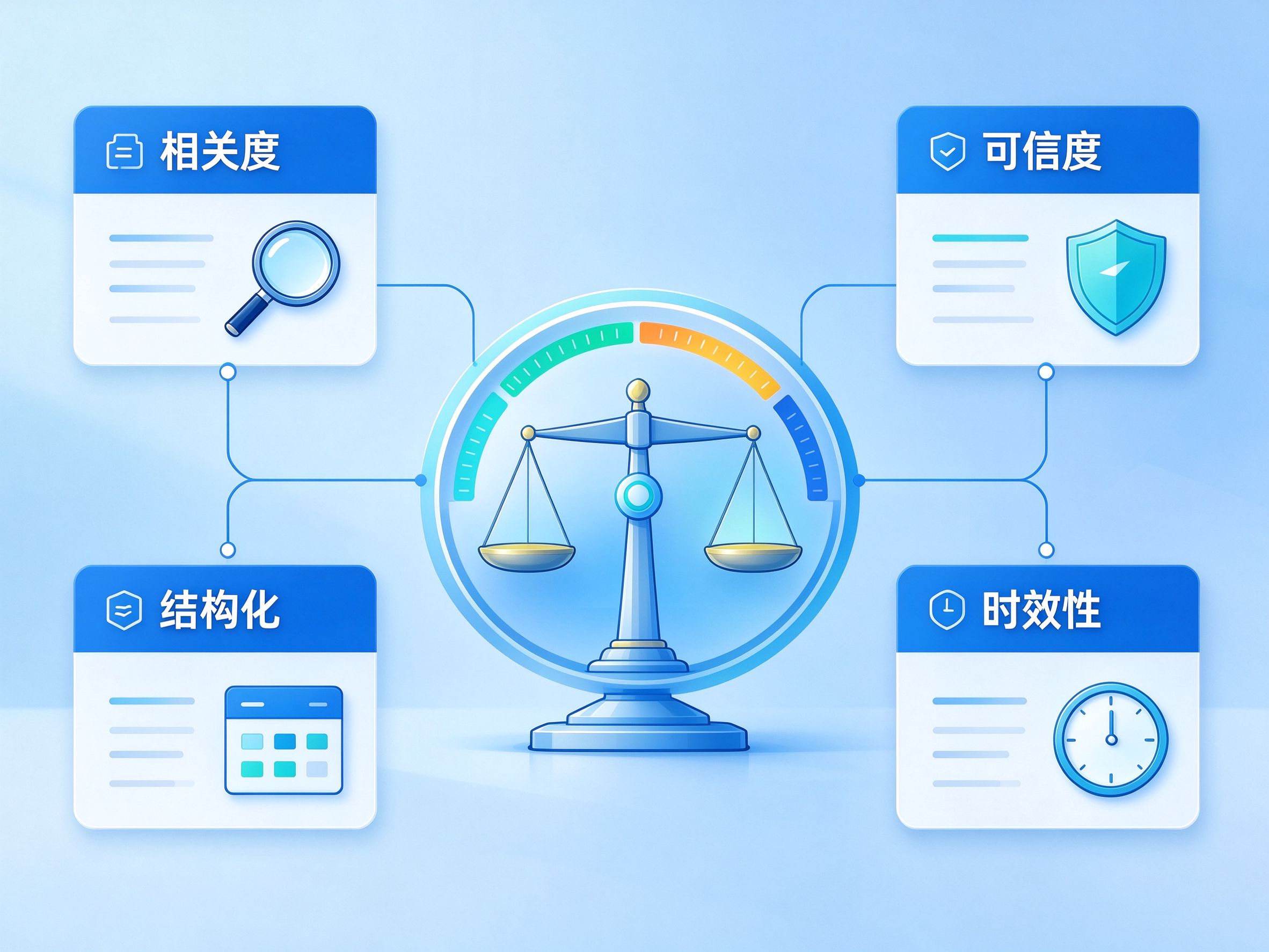 AI信源选择机制图：四个维度（相关度、可信度、结构化、时效性）共同决定内容排序