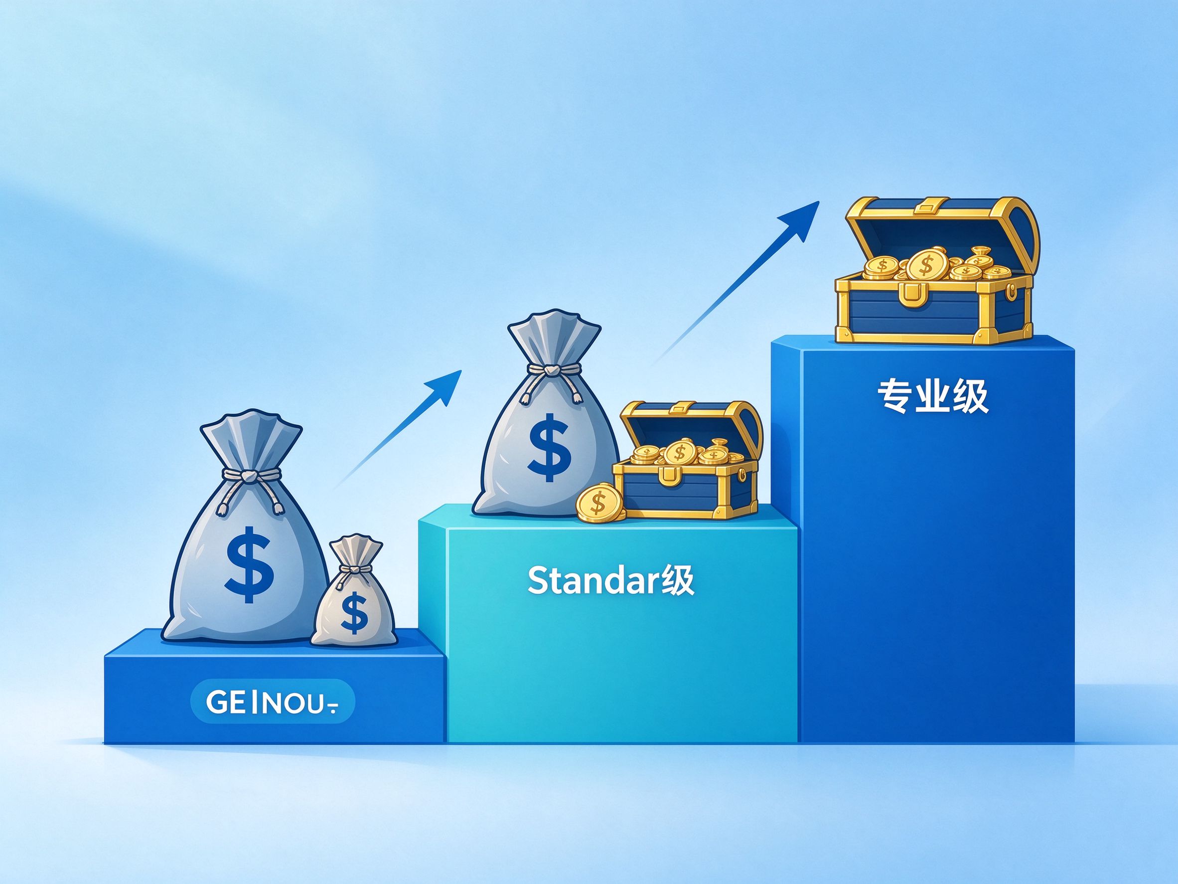 GEO优化三种预算档位阶梯示意图，蓝青色系商务插画